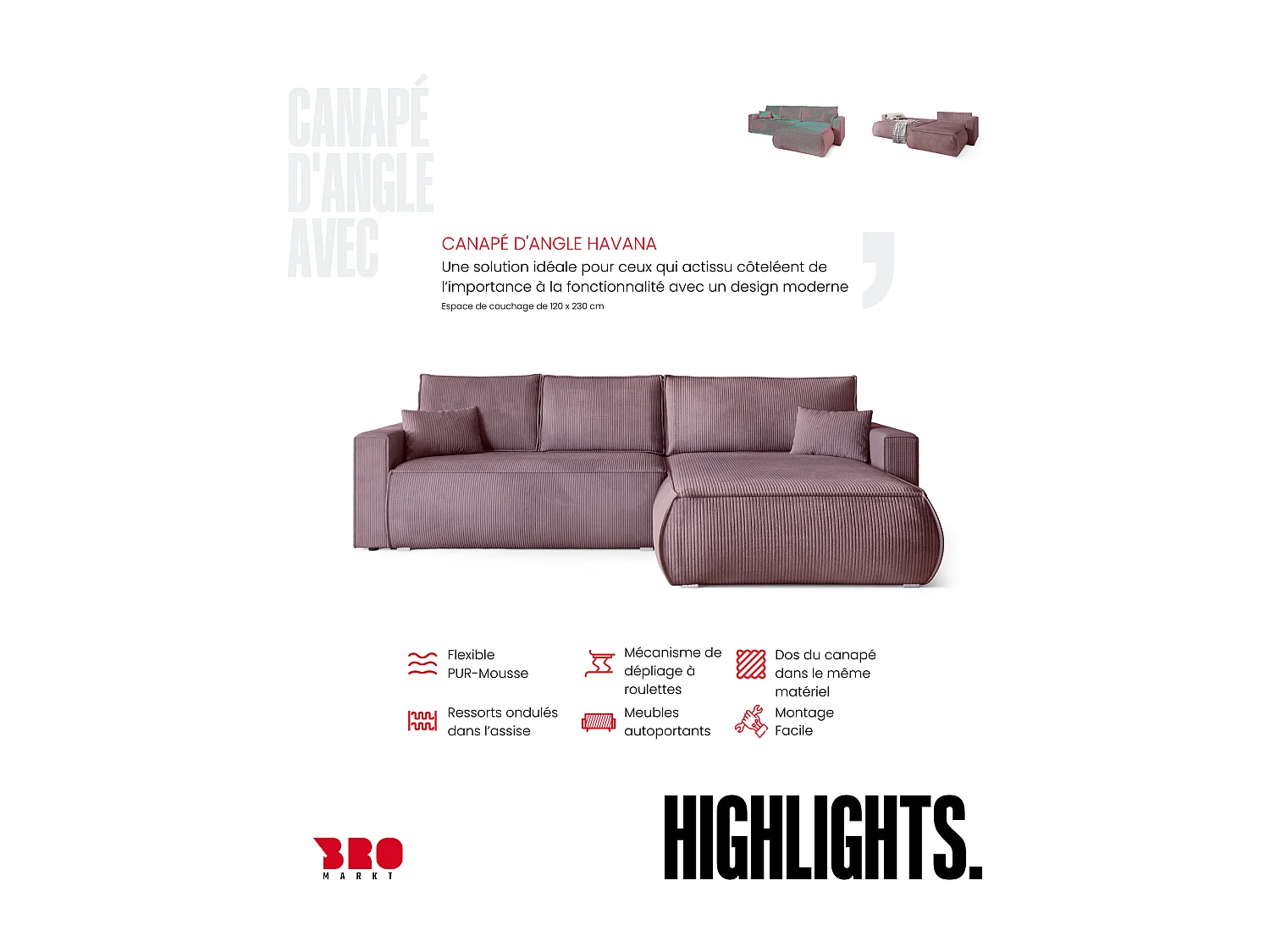 Canapé d'angle convertible, en velours côtelé HAVANA Rose poudré