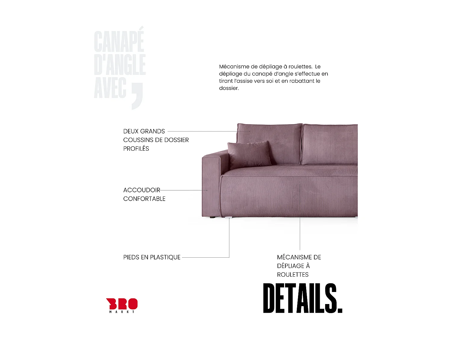 Canapé d'angle convertible, en velours côtelé HAVANA Rose poudré