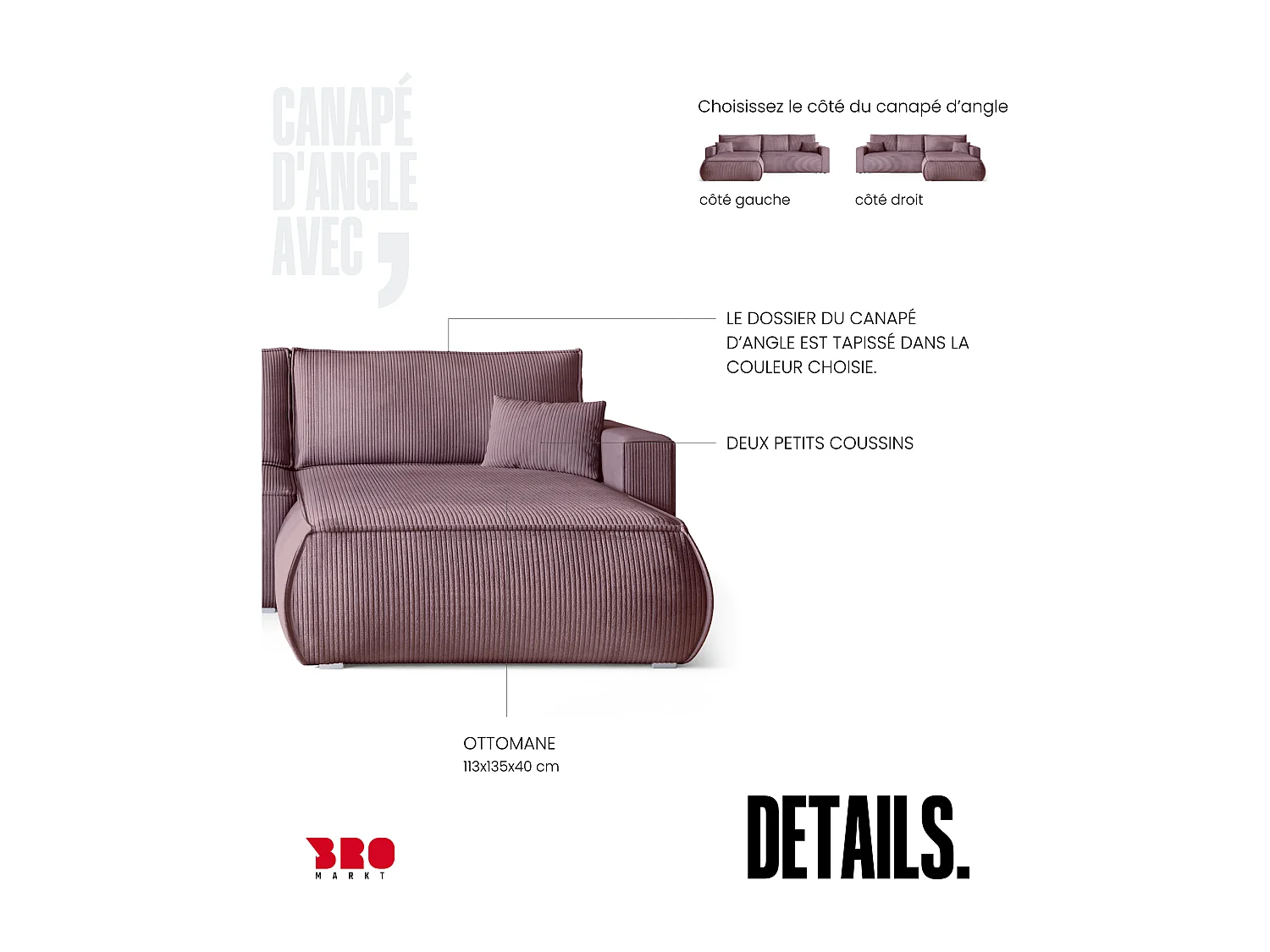 Canapé d'angle convertible, en velours côtelé HAVANA Rose poudré