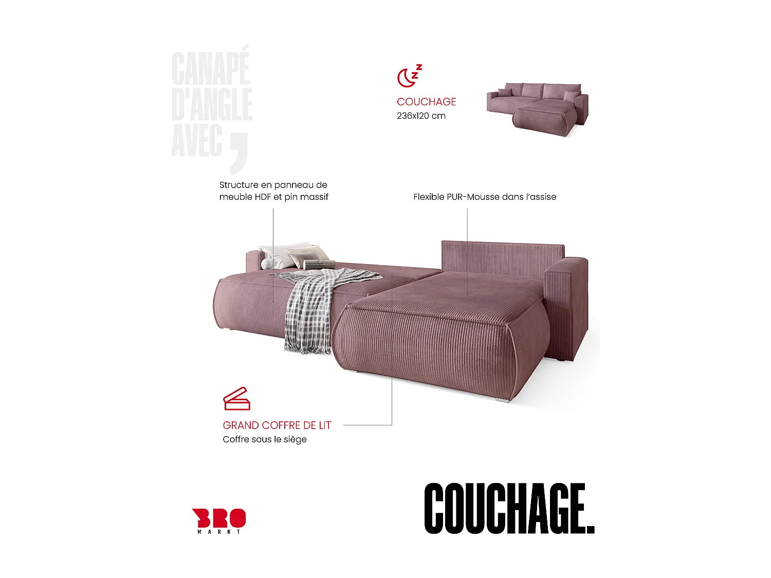 Canapé d'angle convertible, en velours côtelé HAVANA Rose poudré