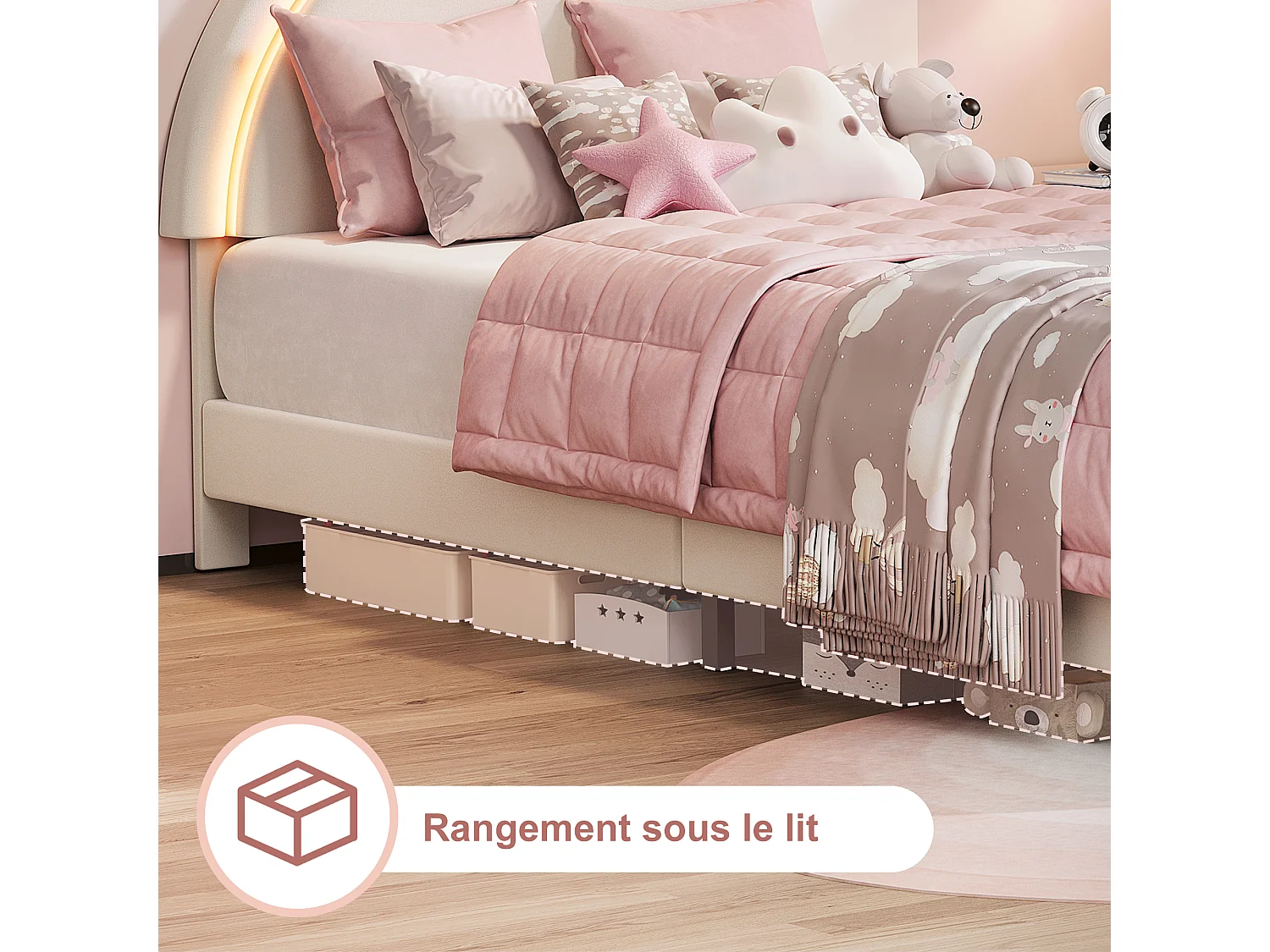 Kinderbett 90x200 cm Hasenmotiv mit LED-Beleuchtung, Hasenohren-Design, weiß-rosa Rahmen