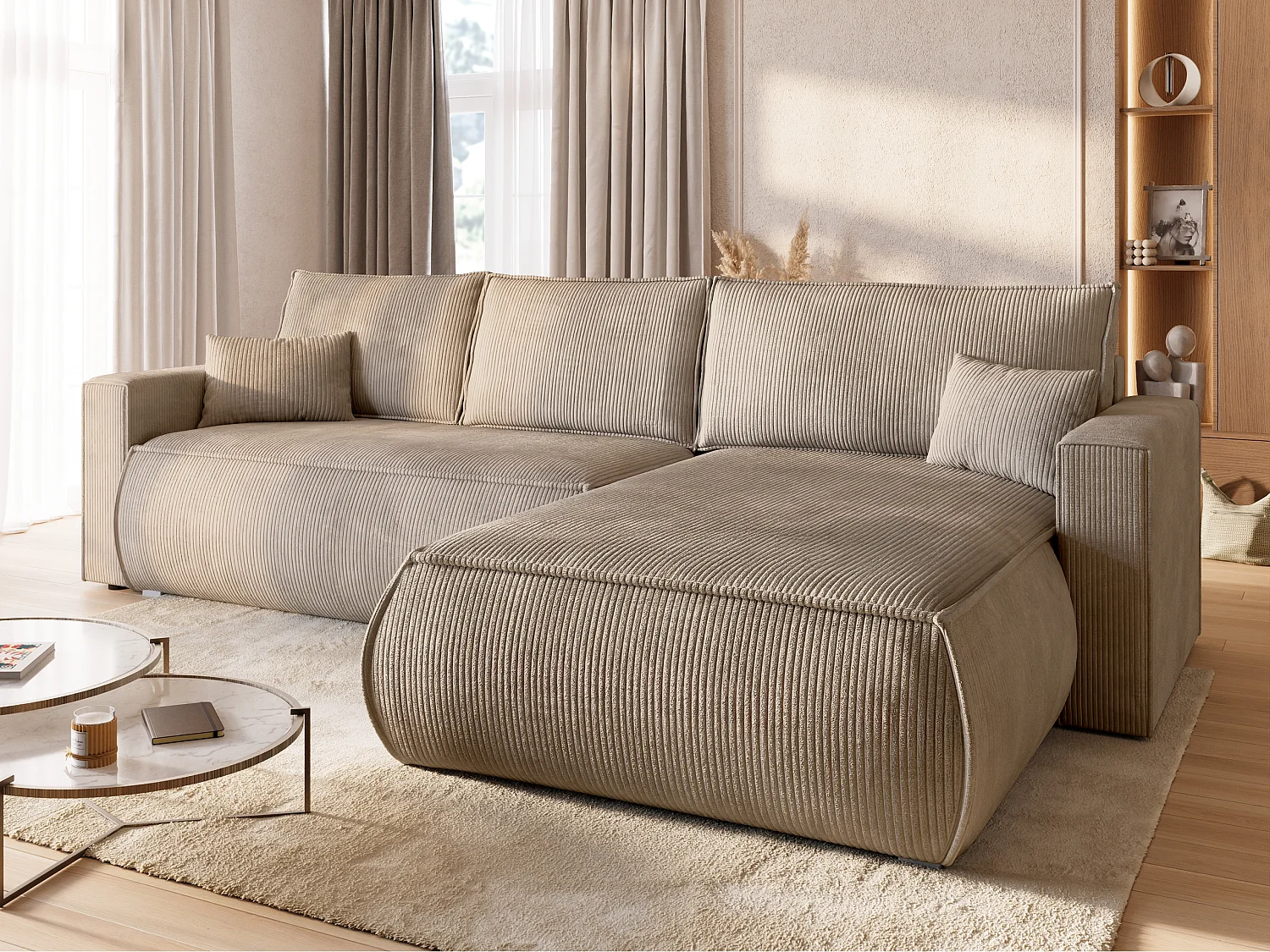 Canapé d'angle convertible, en velours côtelé HAVANA Beige
