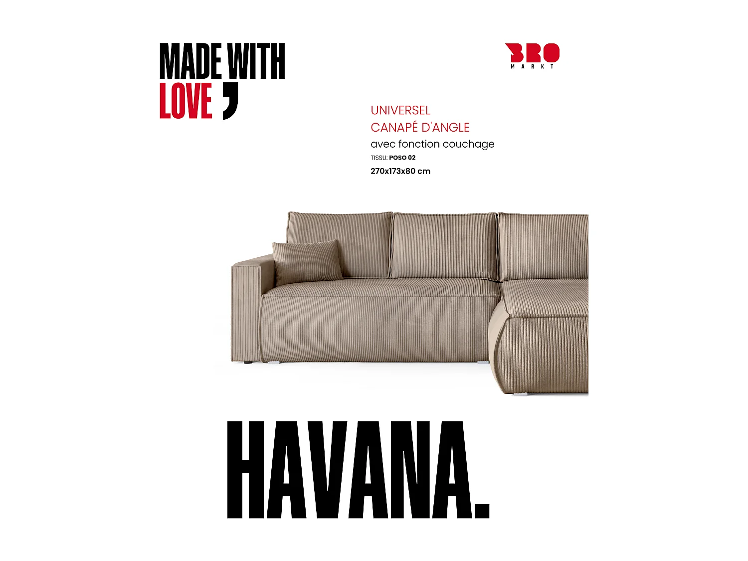 Canapé d'angle convertible, en velours côtelé HAVANA Beige