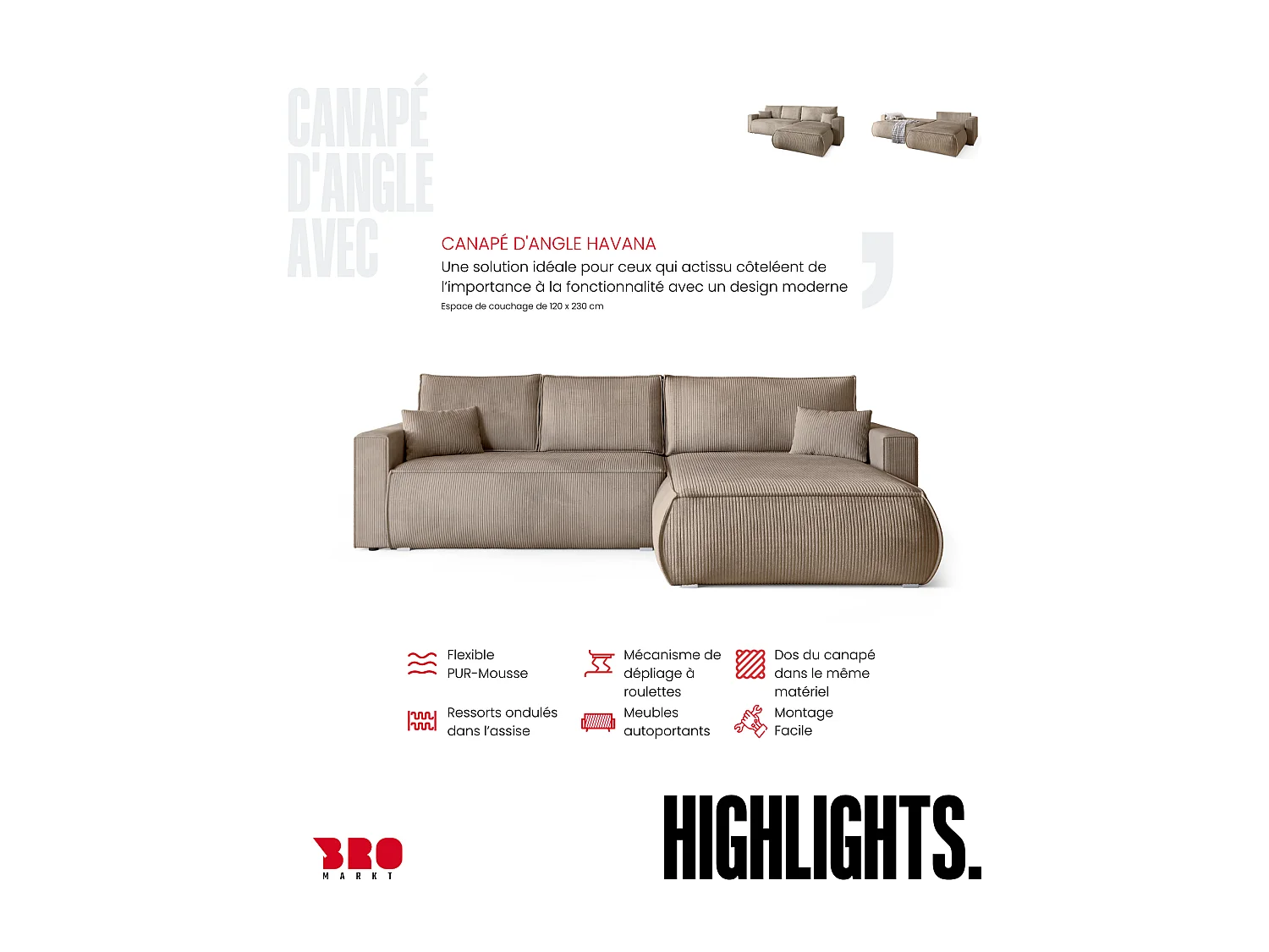 Canapé d'angle convertible, en velours côtelé HAVANA Beige