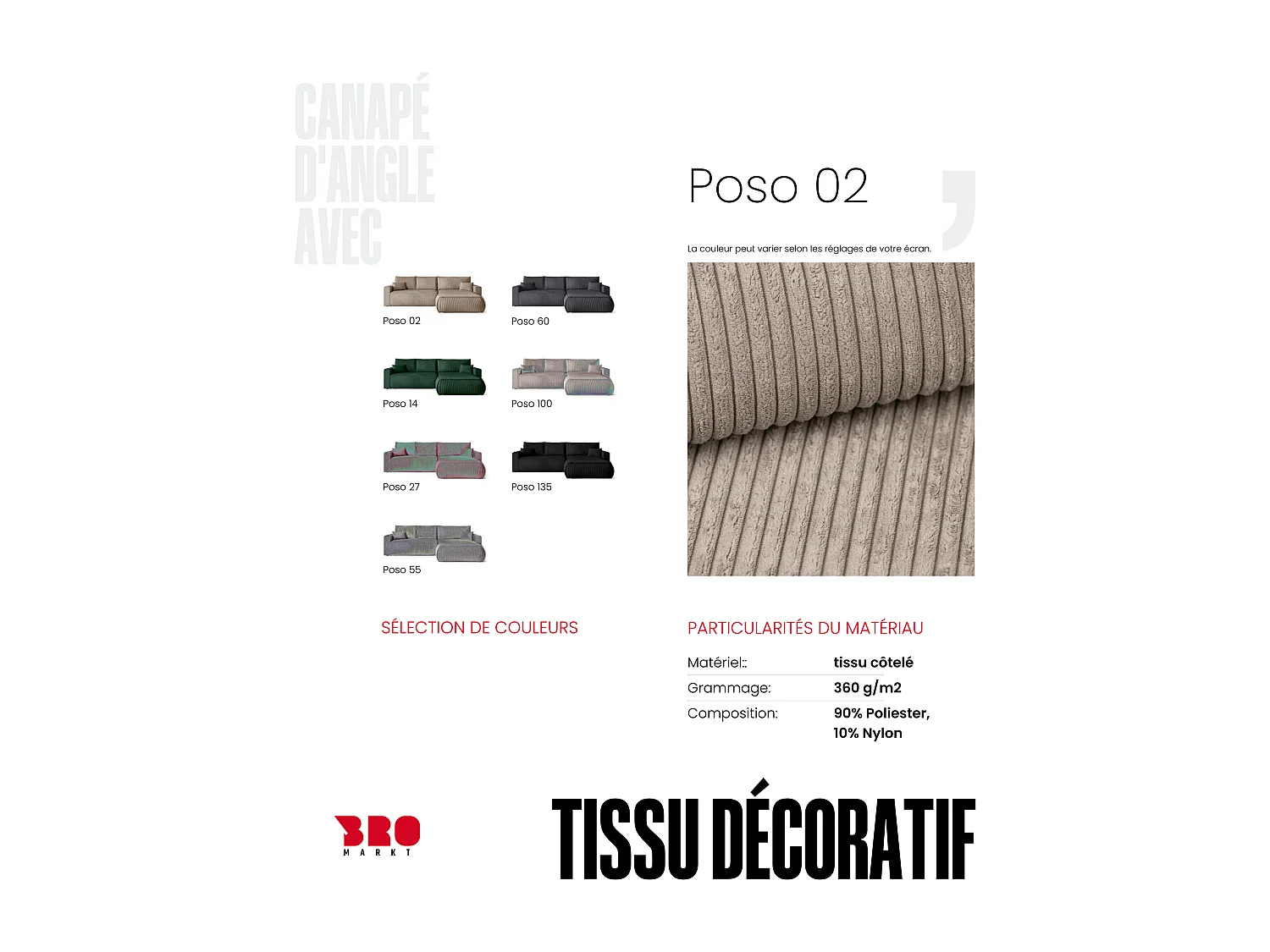 Canapé d'angle convertible, en velours côtelé HAVANA Beige