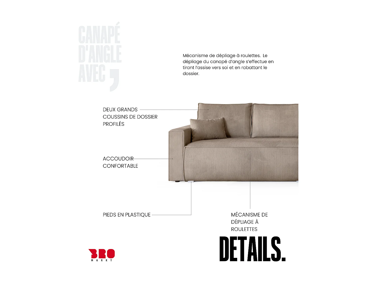 Canapé d'angle convertible, en velours côtelé HAVANA Beige