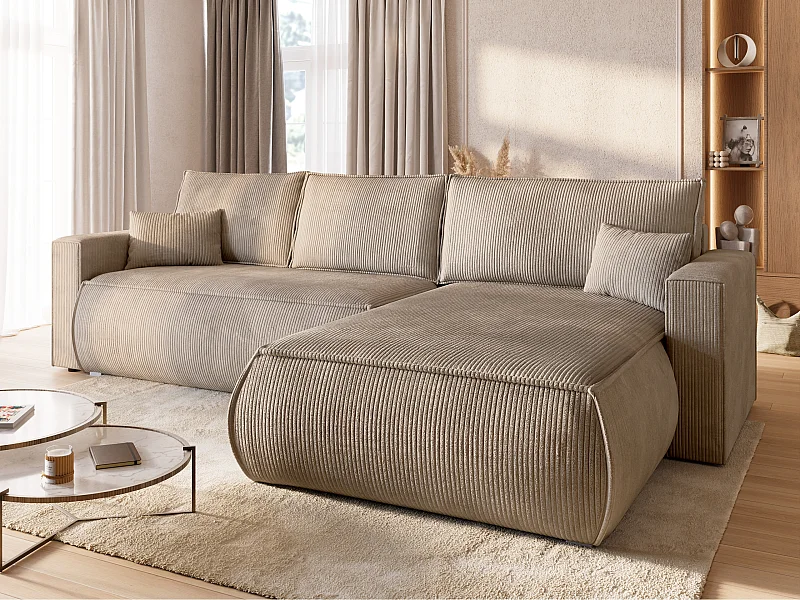 Canapé d'angle convertible, en velours côtelé HAVANA Beige