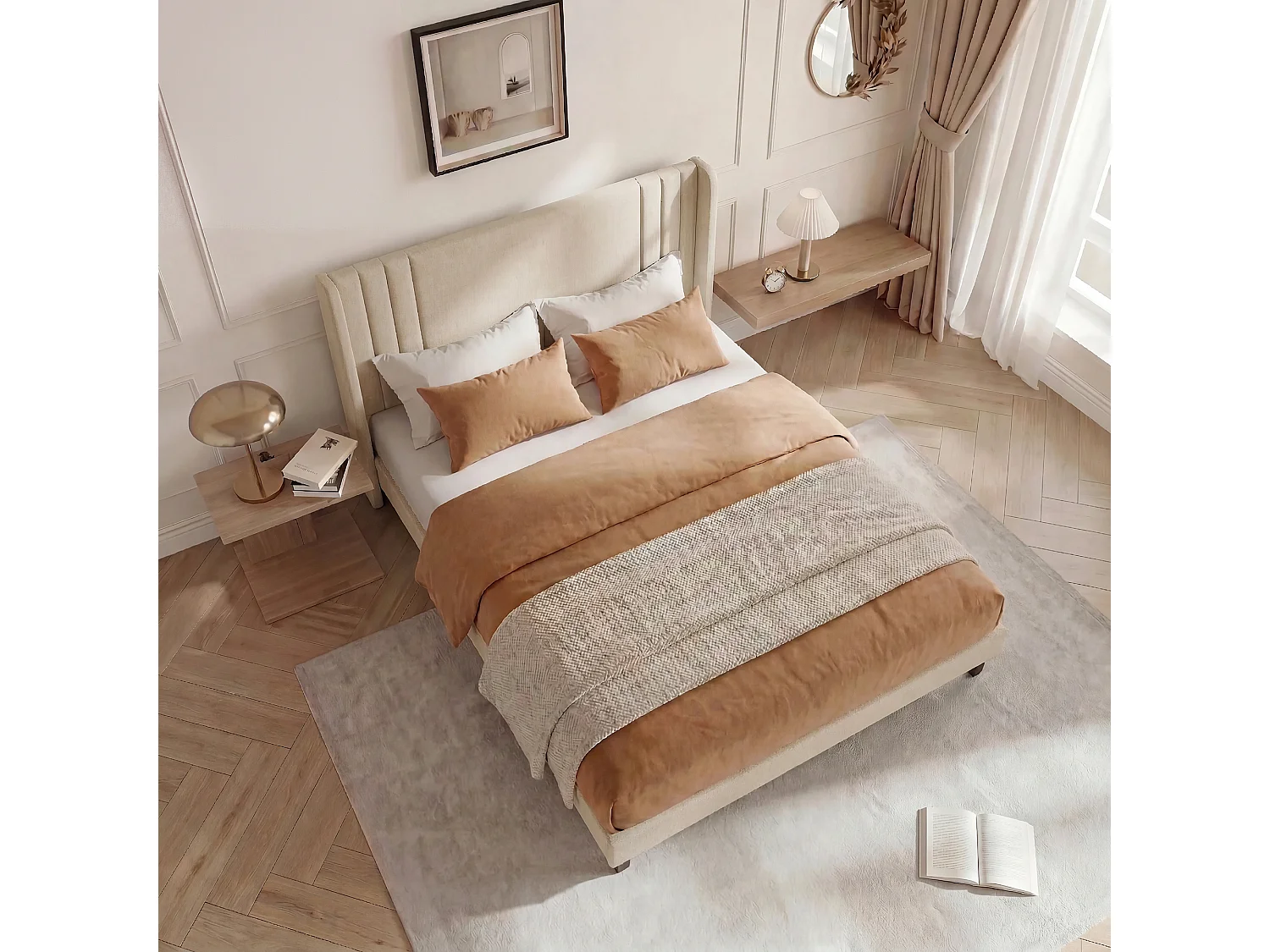 Bett (160 x 200 cm), beigefarbenes Leinen, modernes gepolstertes Kopfteil, stabiler Lattenrost, Belastbarkeit bis 363 kg, schnelle Montage