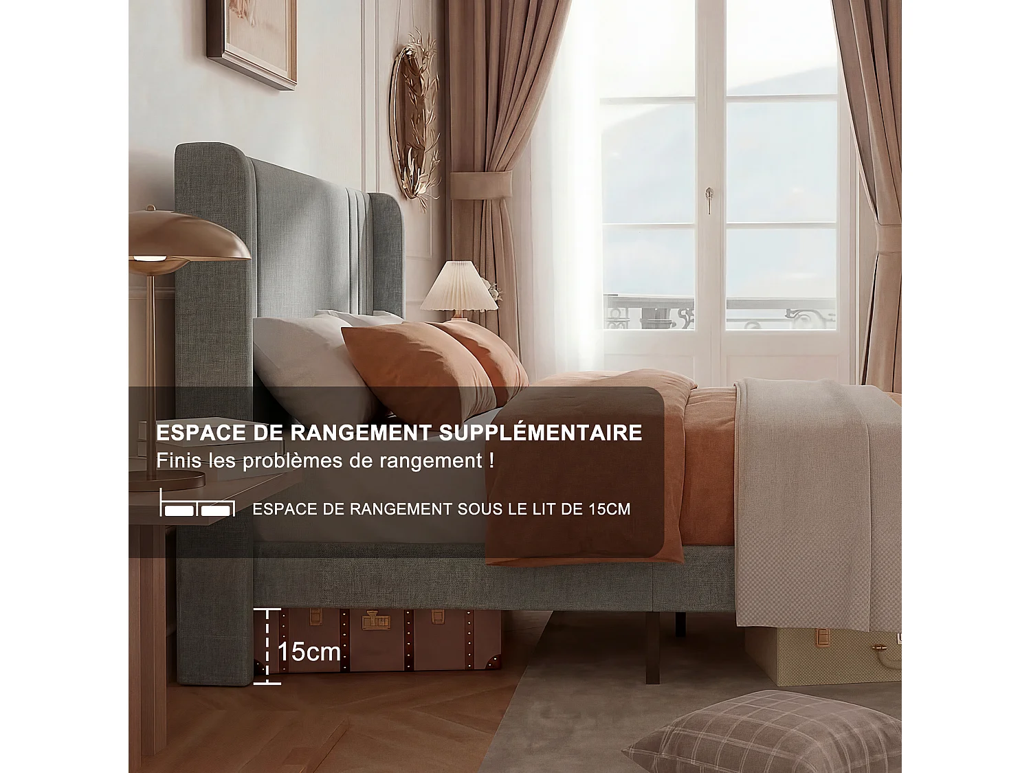 Bett (160 x 200 cm), Leinengrau, modernes gepolstertes Kopfteil, stabiler Lattenrost, Belastbarkeit bis 363 kg, schnelle Montage