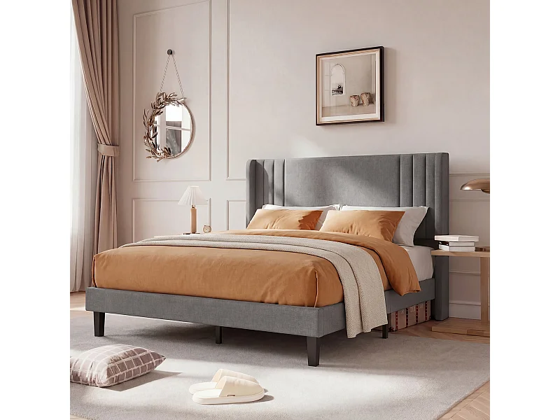 Bett (160 x 200 cm), Leinengrau, modernes gepolstertes Kopfteil, stabiler Lattenrost, Belastbarkeit bis 363 kg, schnelle Montage