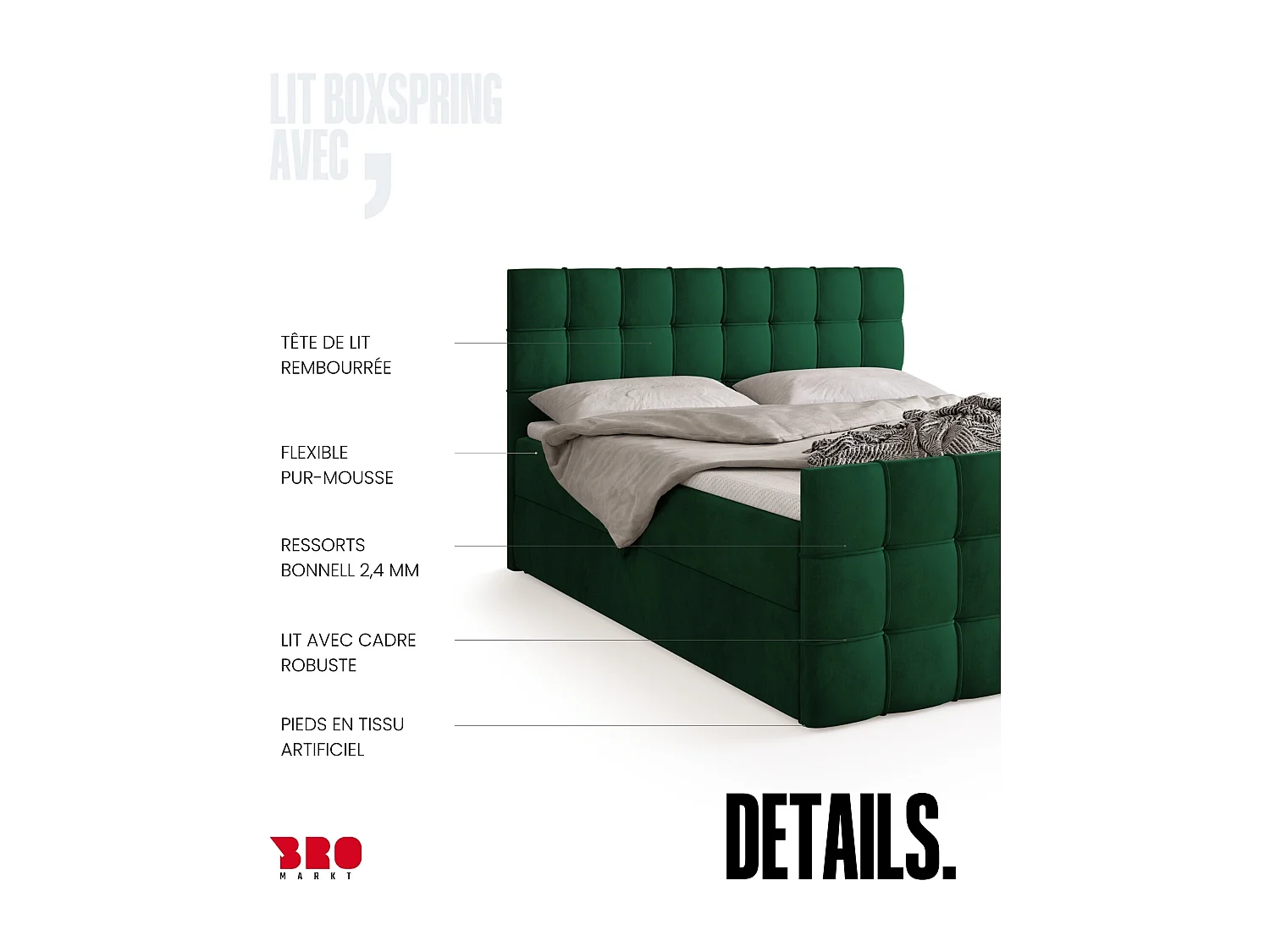 Lit boxspring avec rangement DETROIT DUO - matelas - surmatelas - vert foncé - 140x200 cm