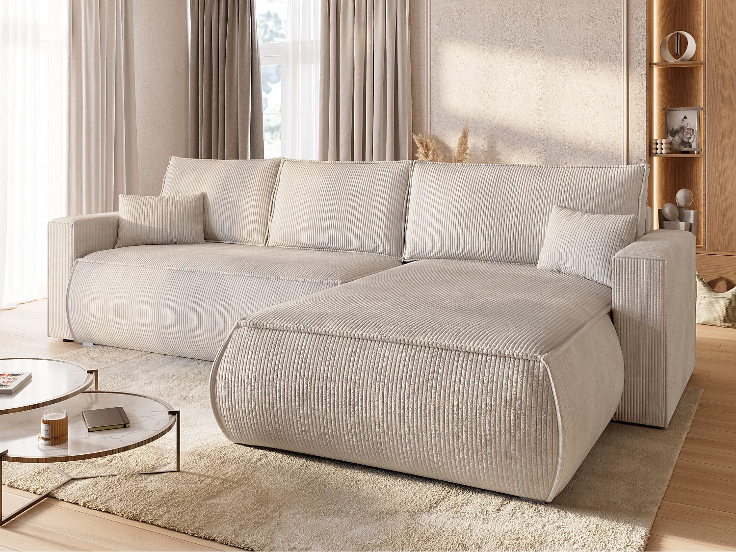 Canapé d'angle convertible, en velours côtelé HAVANA Crème