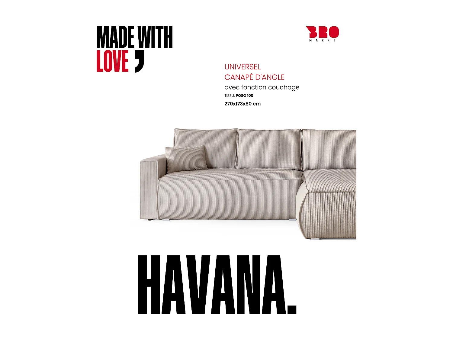 Canapé d'angle convertible, en velours côtelé HAVANA Crème