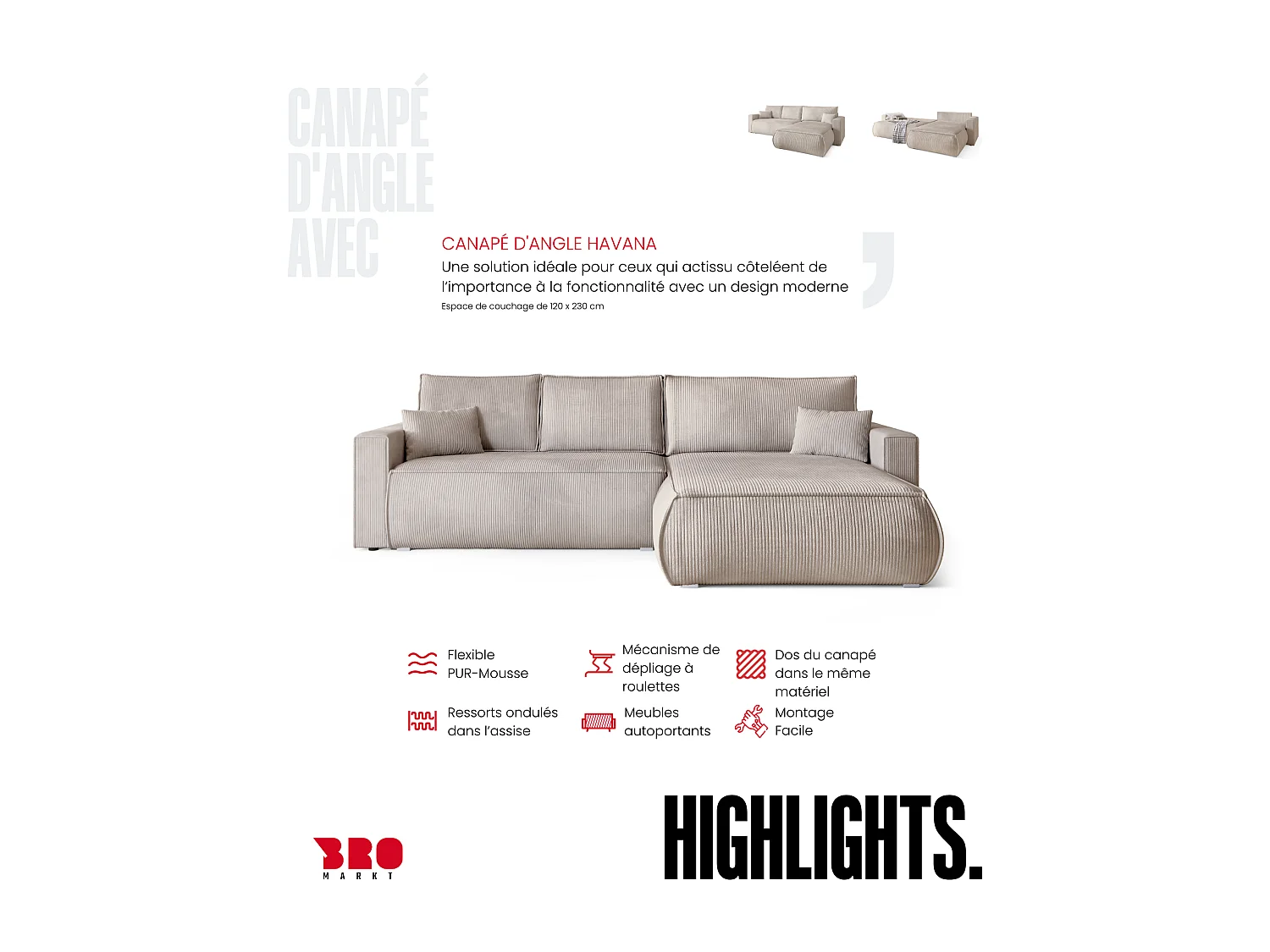 Canapé d'angle convertible, en velours côtelé HAVANA Crème