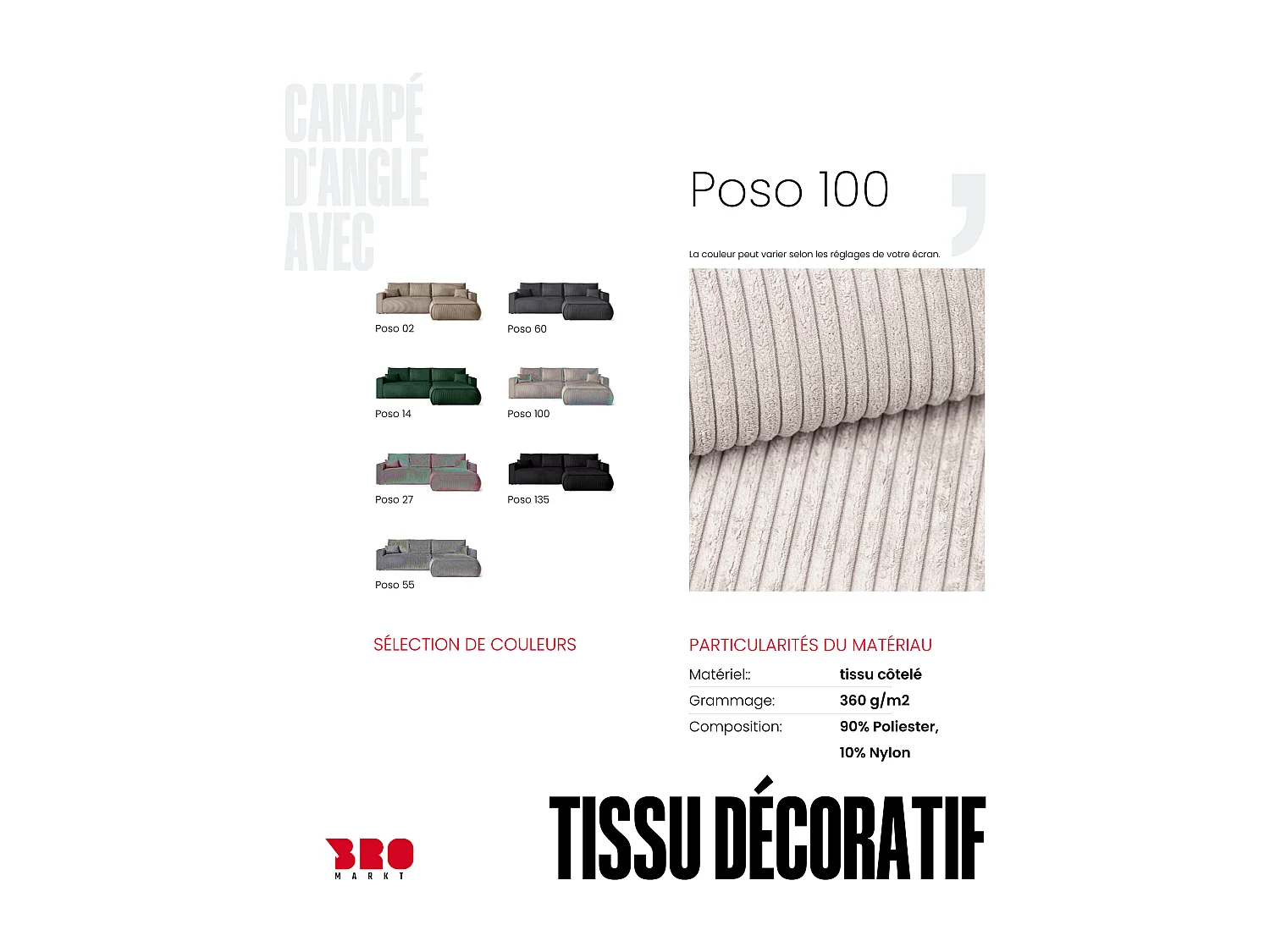 Canapé d'angle convertible, en velours côtelé HAVANA Crème