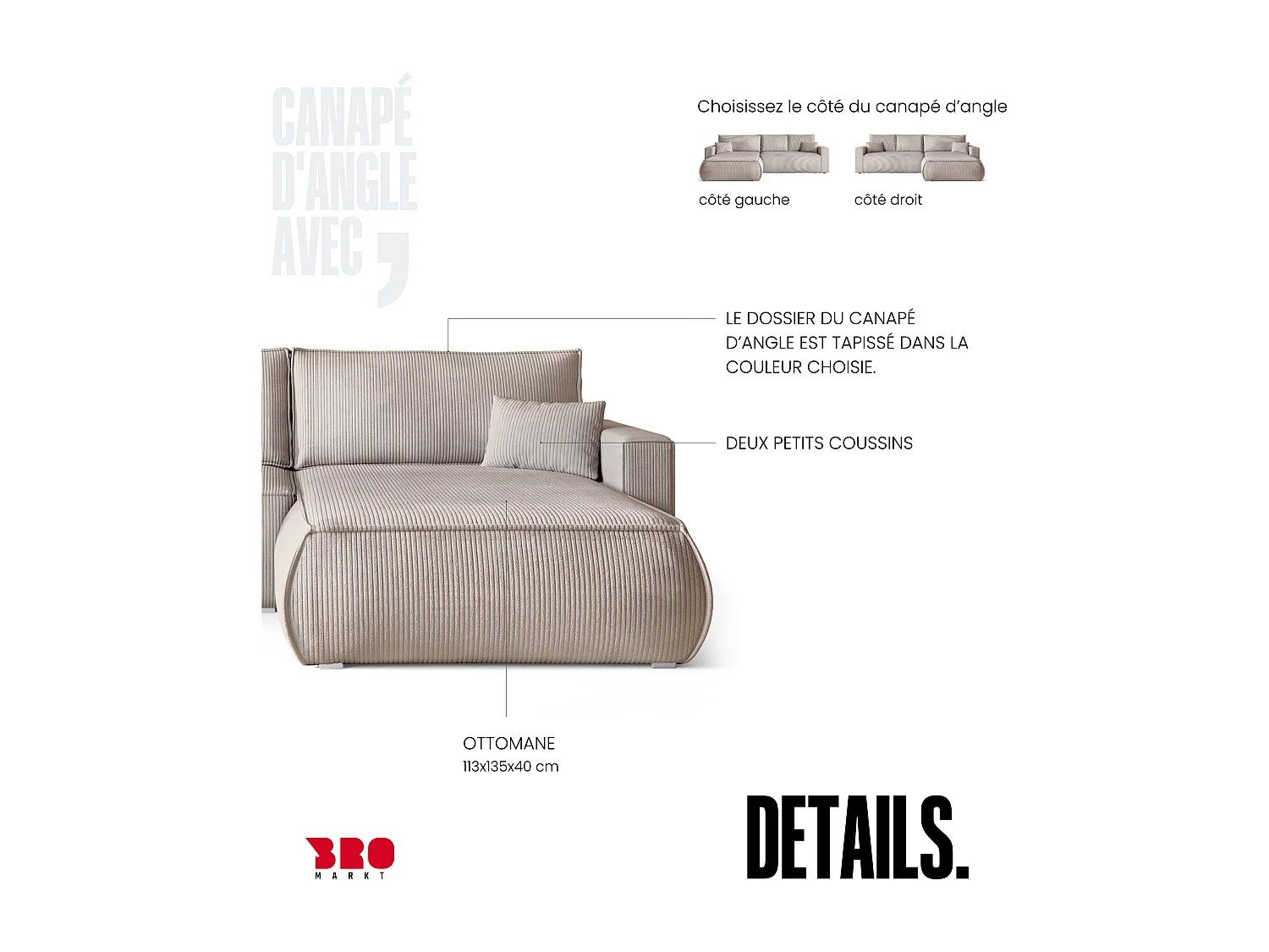 Canapé d'angle convertible, en velours côtelé HAVANA Crème