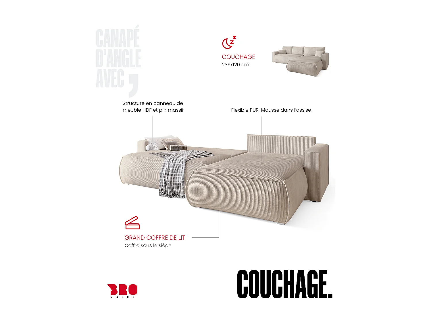 Canapé d'angle convertible, en velours côtelé HAVANA Crème