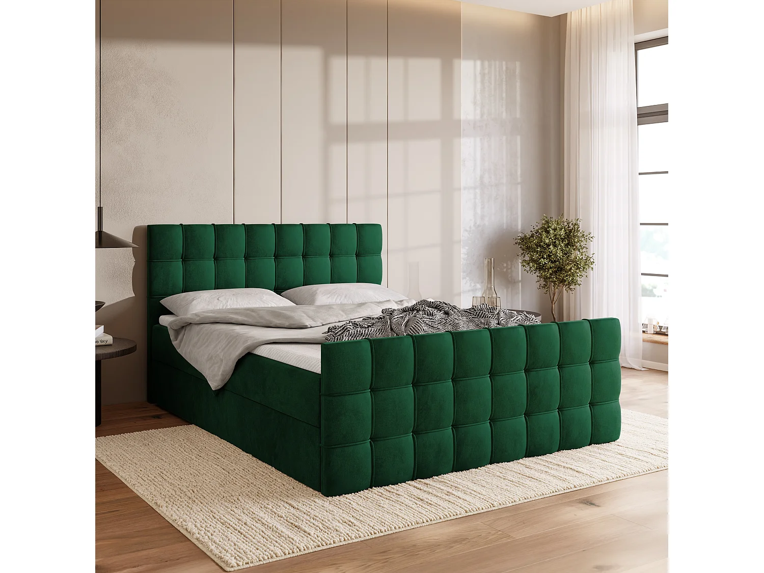 Lit boxspring avec rangement DETROIT DUO - matelas - surmatelas - vert foncé - 180x200 cm