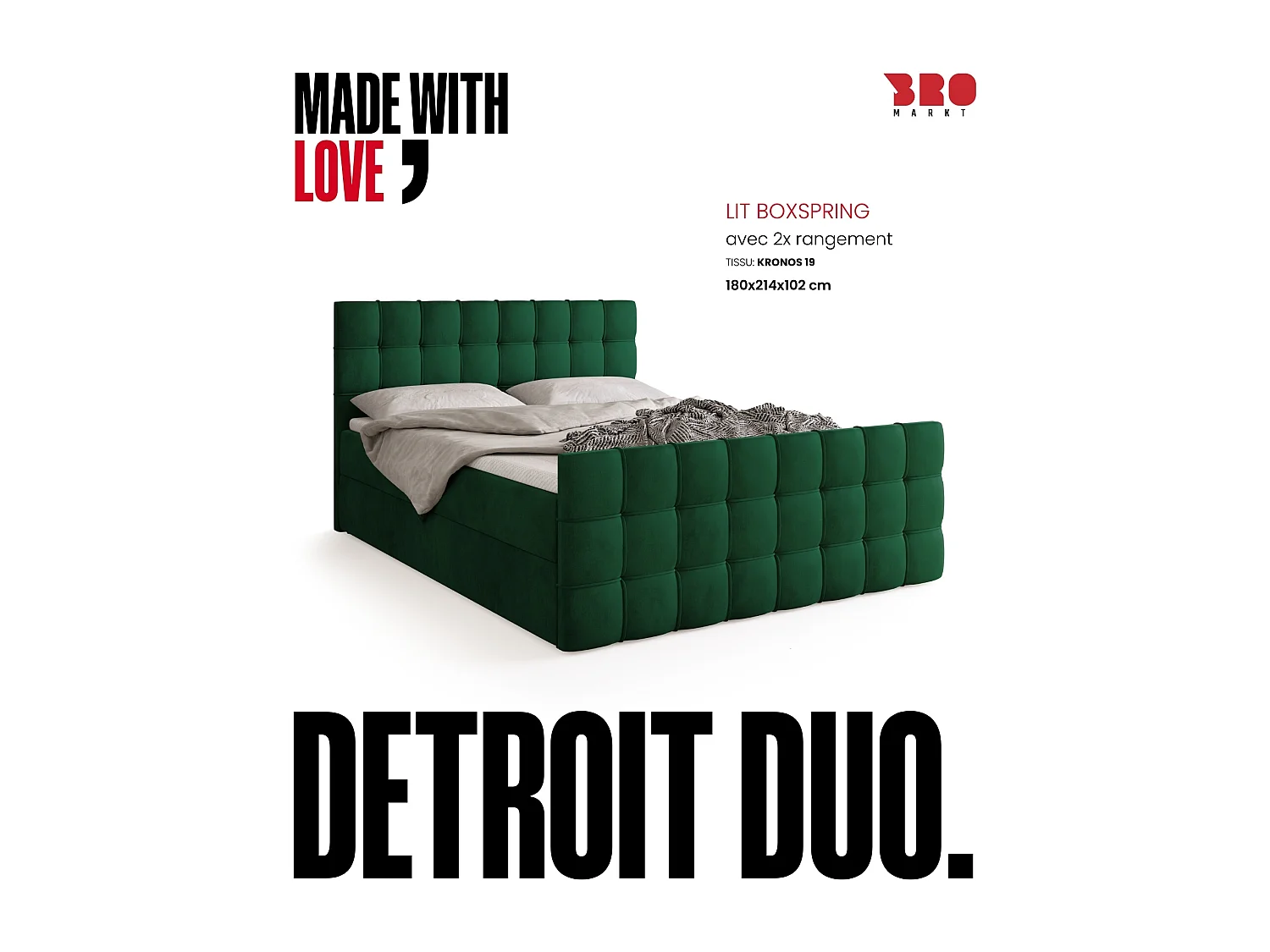Lit boxspring avec rangement DETROIT DUO - matelas - surmatelas - vert foncé - 180x200 cm
