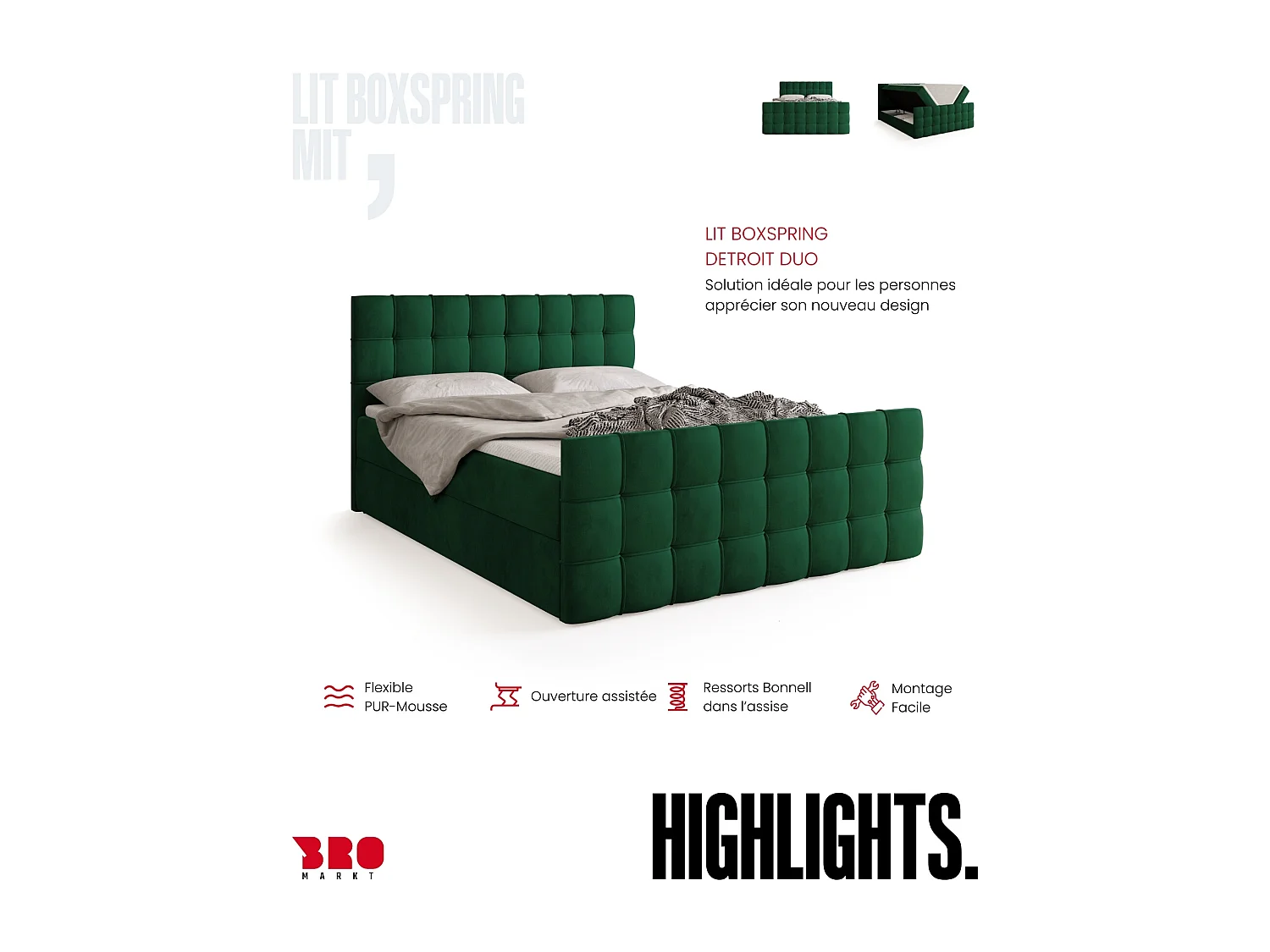 Lit boxspring avec rangement DETROIT DUO - matelas - surmatelas - vert foncé - 180x200 cm