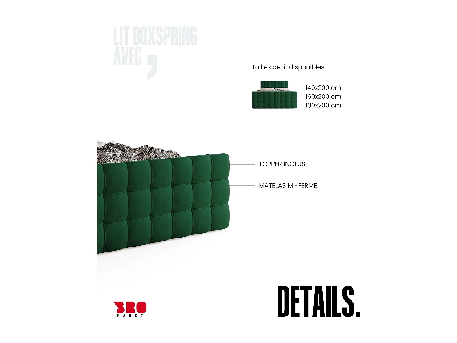 Lit boxspring avec rangement DETROIT DUO - matelas - surmatelas - vert foncé - 180x200 cm