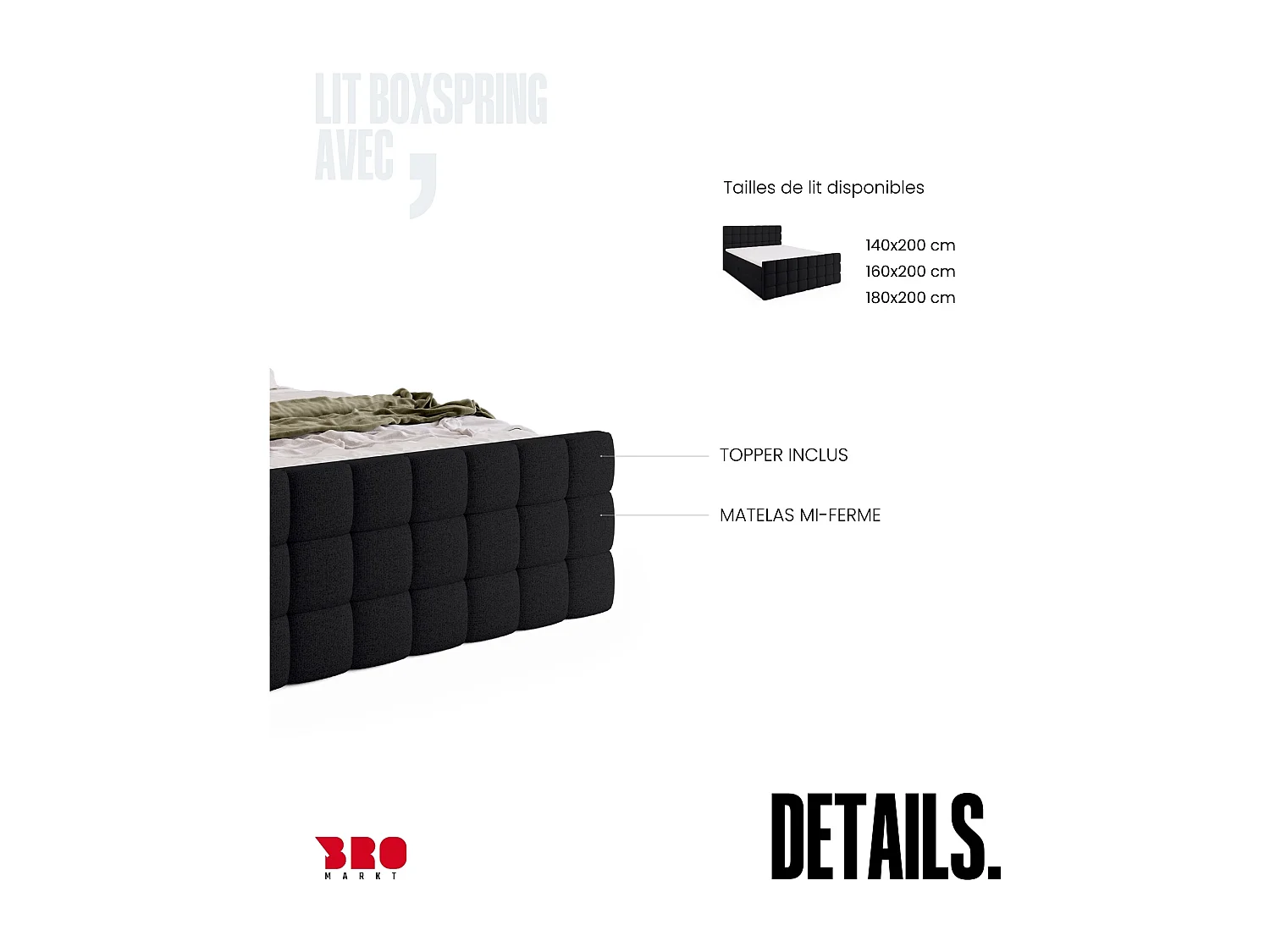 Lit boxspring avec rangement DAKOTA DUO - matelas - surmatelas - noir - 140x200 cm