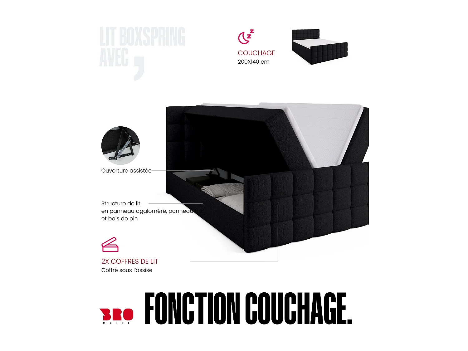 Lit boxspring avec rangement DAKOTA DUO - matelas - surmatelas - noir - 140x200 cm