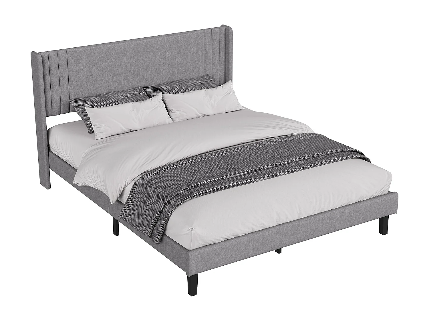 Łóżko 140x200 cm, lniany szary, nowoczesny tapicerowany zagłówek, solidna rama z listew, nośność 800 funtów, szybki montaż