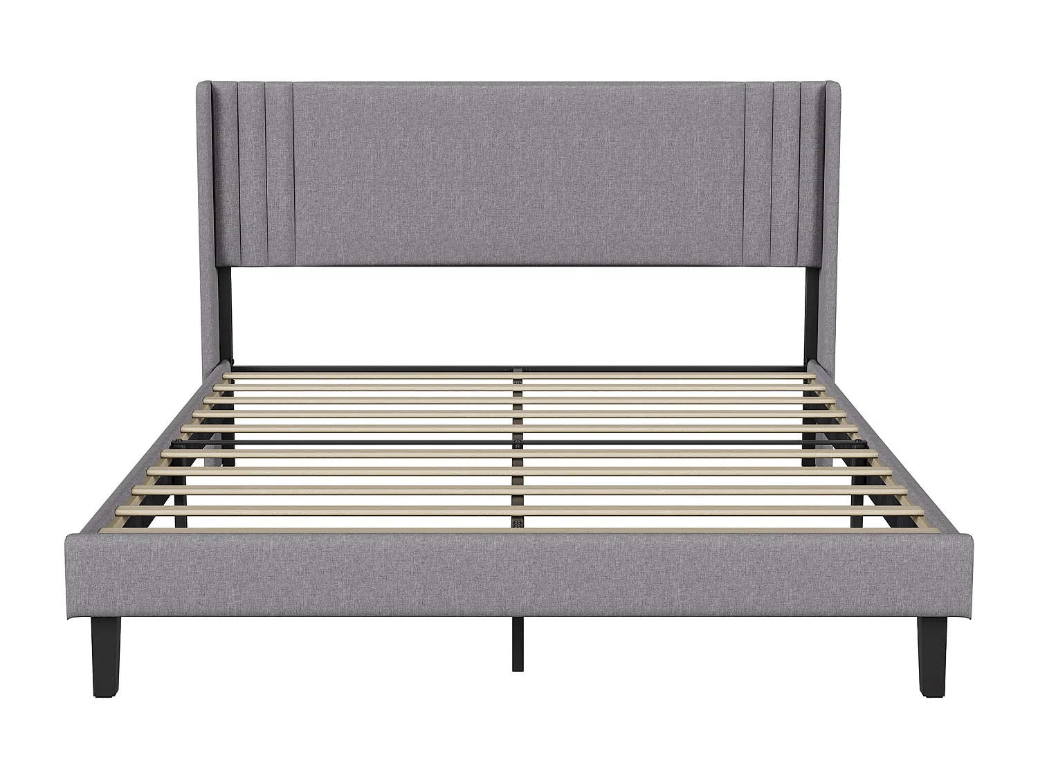 Łóżko 140x200 cm, lniany szary, nowoczesny tapicerowany zagłówek, solidna rama z listew, nośność 800 funtów, szybki montaż