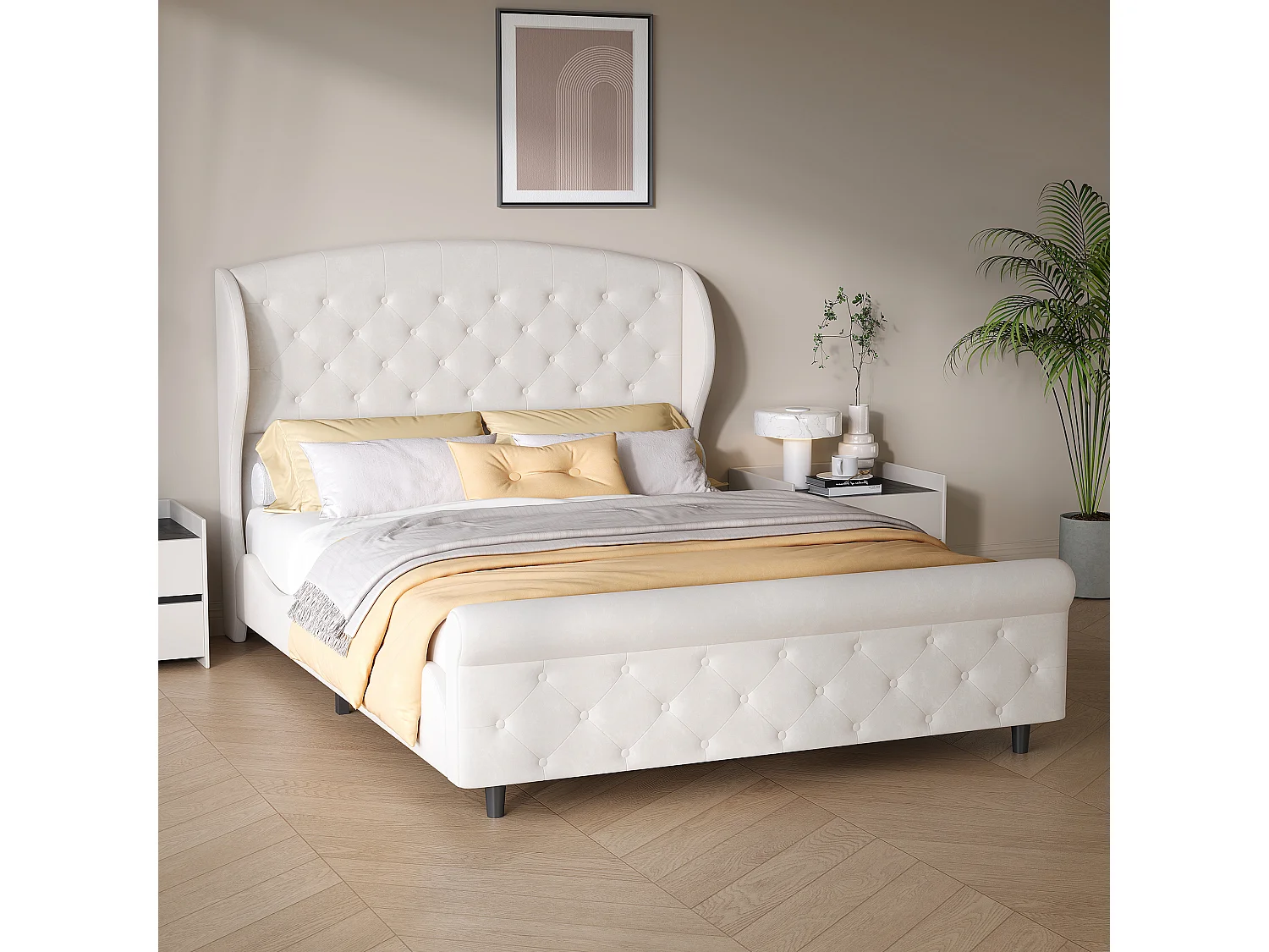 140 x 200 cm großes Schlittenbett in beigefarbenem Samt, gestepptes Kopfteil mit Knöpfen, klassischer europäischer Stil