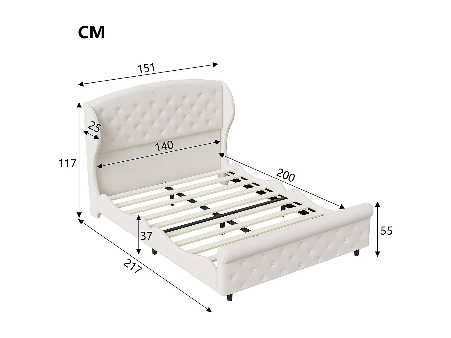 140 x 200 cm großes Schlittenbett in beigefarbenem Samt, gestepptes Kopfteil mit Knöpfen, klassischer europäischer Stil
