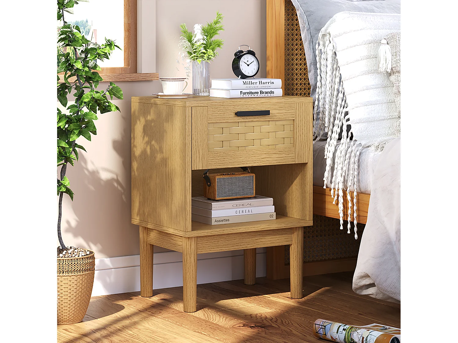 Set aus 2 Nachttischen aus Rattan und hellem Eichenholz, 1 Schublade, skandinavischer Stil, moderne Aufbewahrung