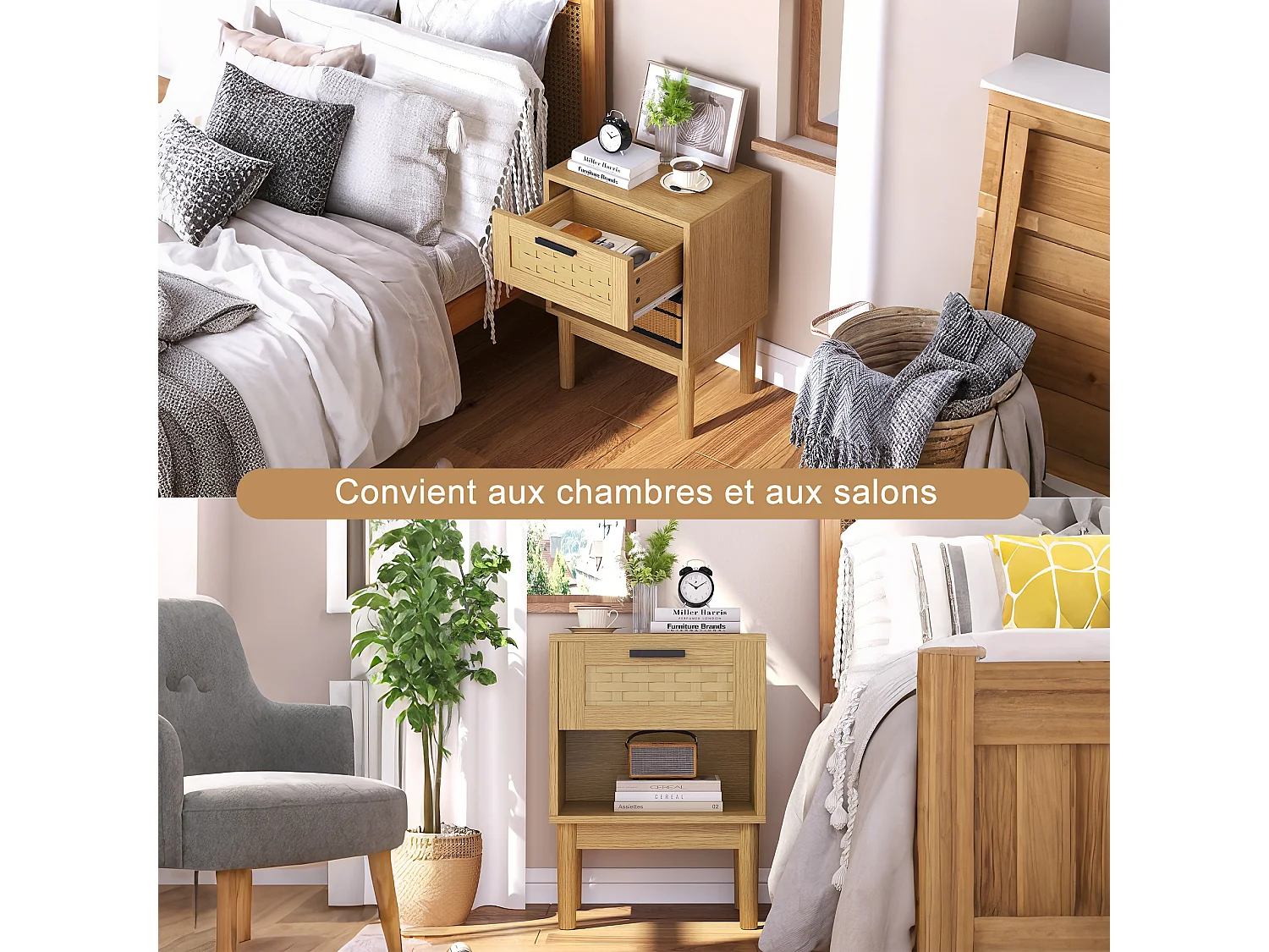 Set aus 2 Nachttischen aus Rattan und hellem Eichenholz, 1 Schublade, skandinavischer Stil, moderne Aufbewahrung