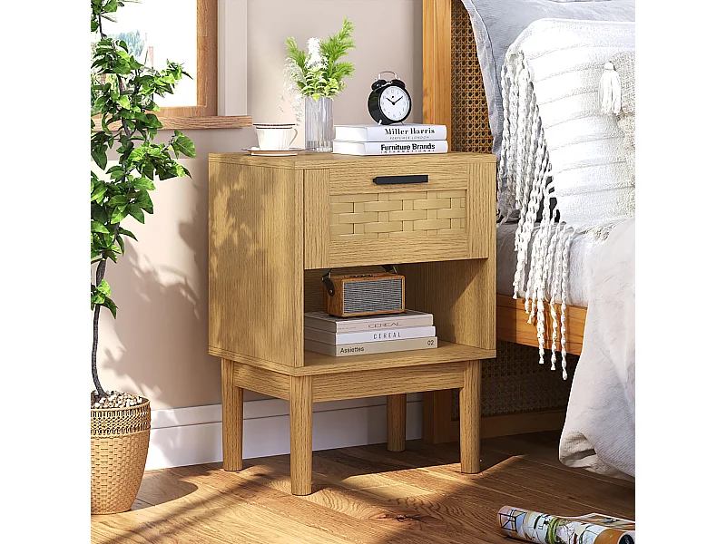 Set aus 2 Nachttischen aus Rattan und hellem Eichenholz, 1 Schublade, skandinavischer Stil, moderne Aufbewahrung