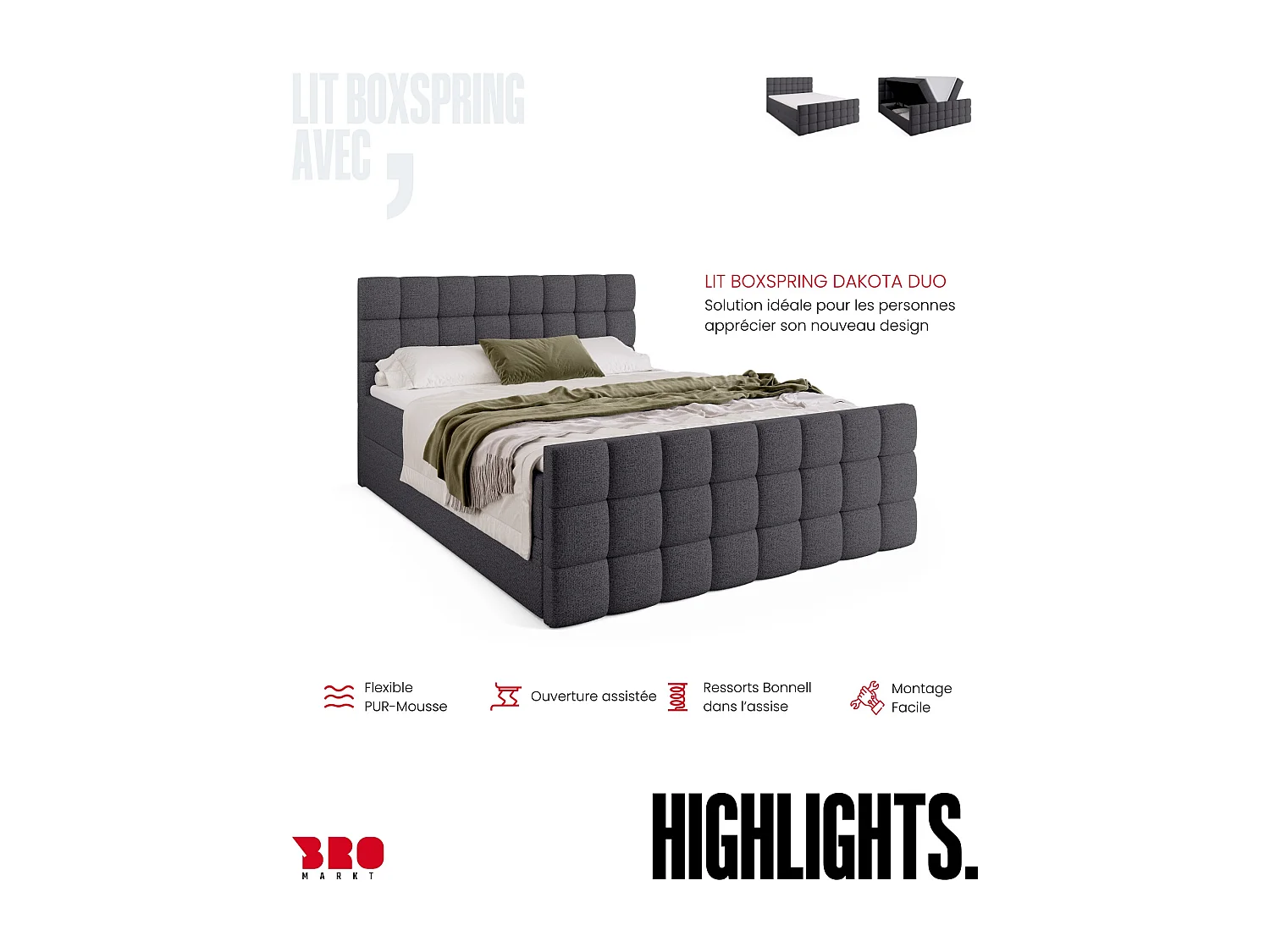 Lit boxspring avec rangement DAKOTA DUO - matelas - surmatelas - gris foncé - 180x200 cm
