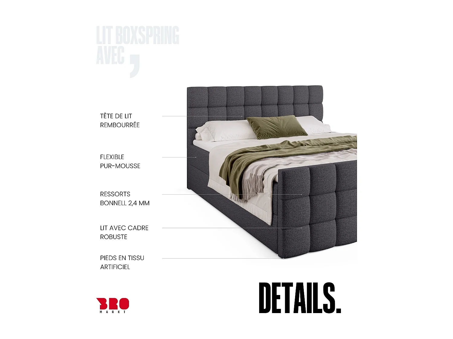Lit boxspring avec rangement DAKOTA DUO - matelas - surmatelas - gris foncé - 180x200 cm