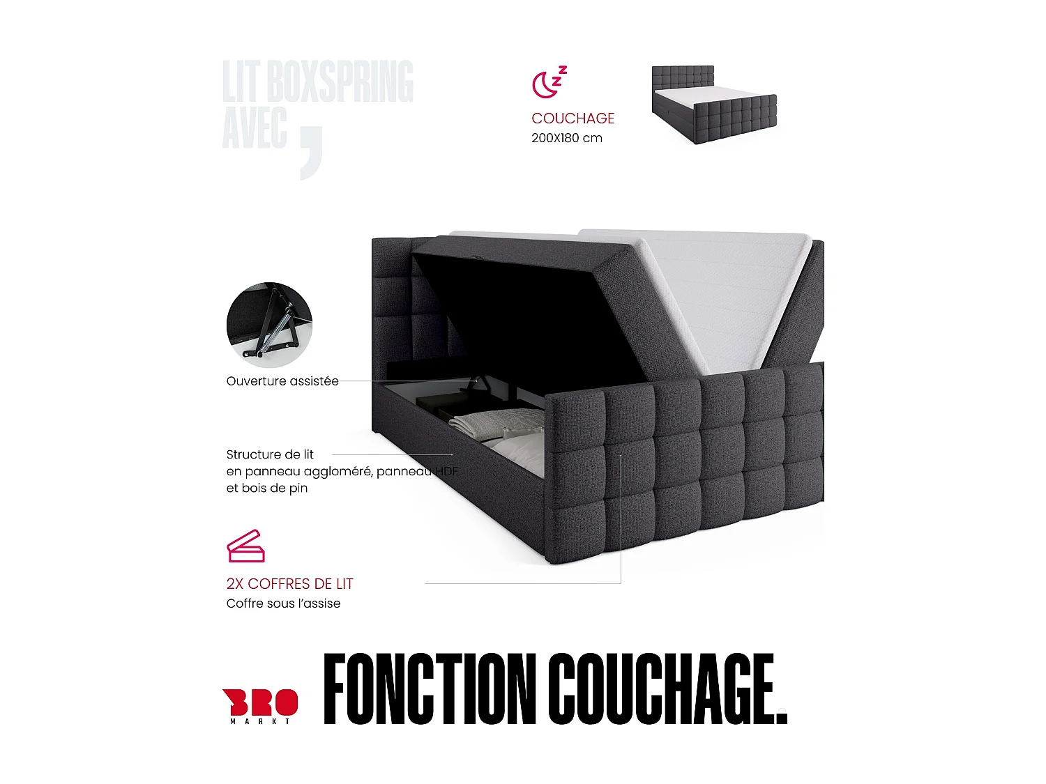 Lit boxspring avec rangement DAKOTA DUO - matelas - surmatelas - gris foncé - 180x200 cm