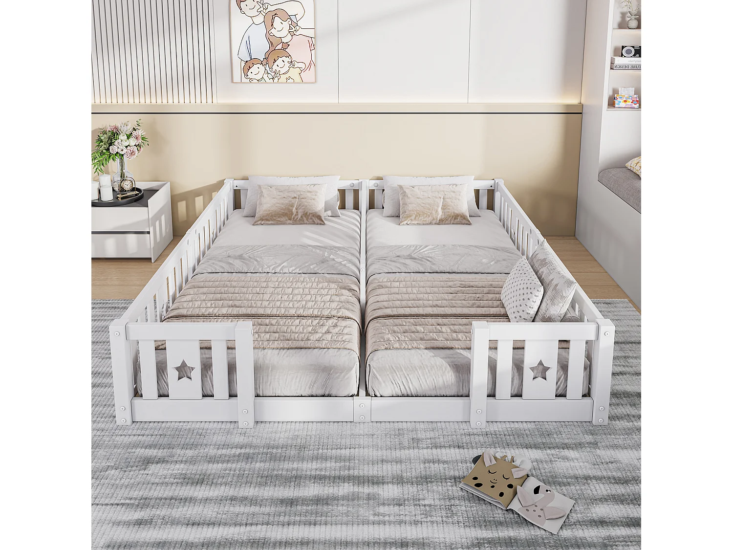 Doppelbett 180 x 200 cm für Kinder, Massivholz Kiefer, sternförmiges Kinderbett mit Gitterstäben, Hochbett, Absturzsicherung und Lattenrost – Weiß