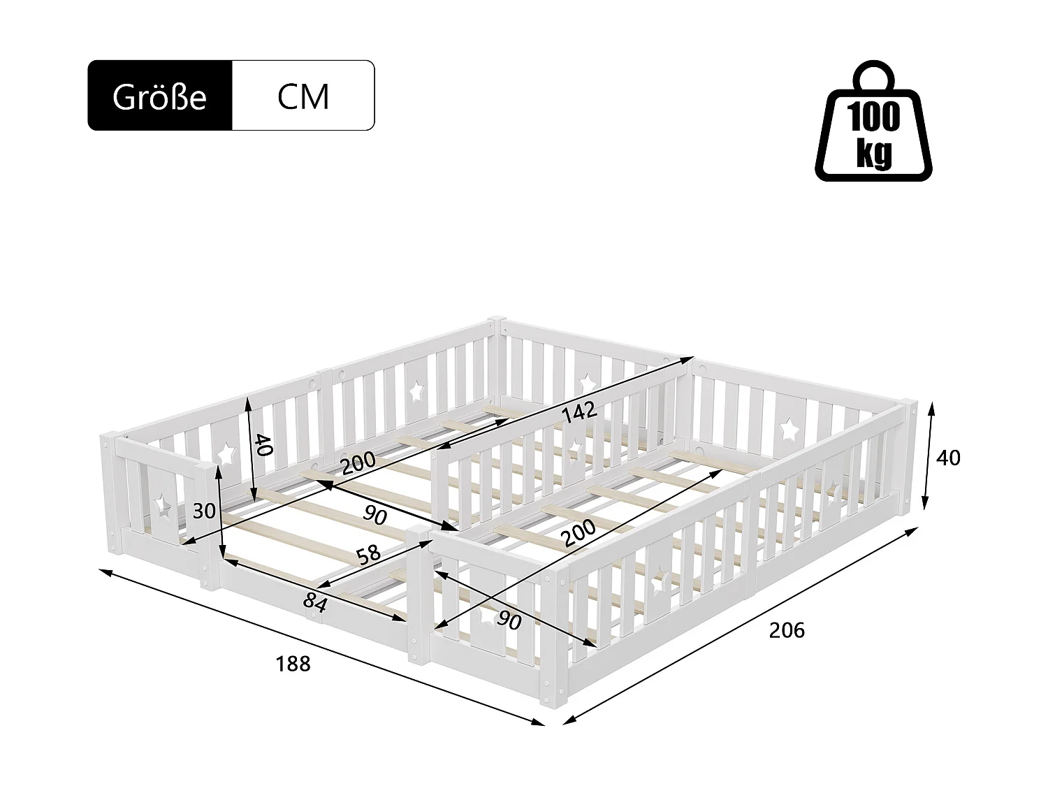 Doppelbett 180 x 200 cm für Kinder, Massivholz Kiefer, sternförmiges Kinderbett mit Gitterstäben, Hochbett, Absturzsicherung und Lattenrost – Weiß