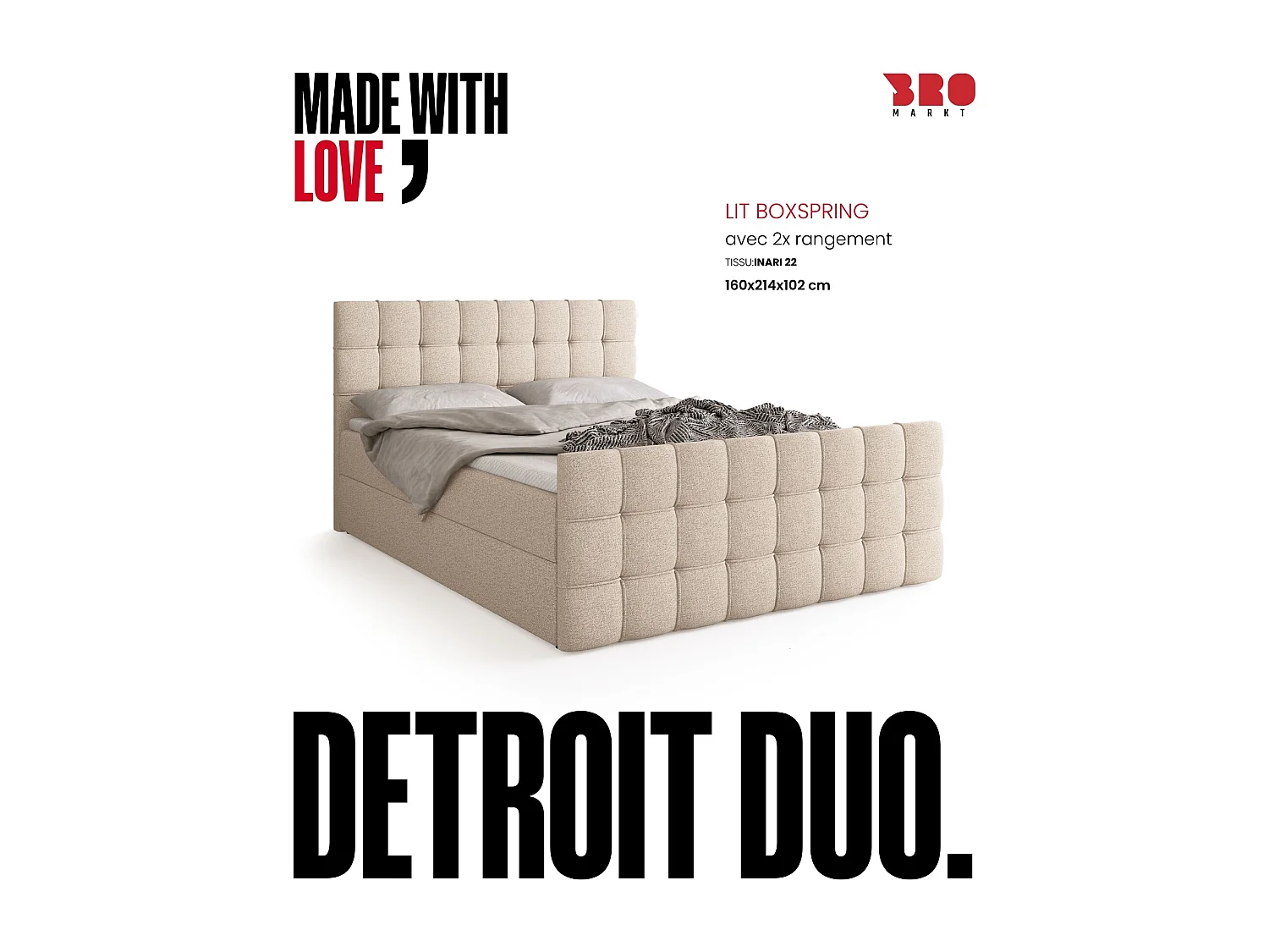 Lit boxspring avec rangement DETROIT DUO - matelas - surmatelas - crème - 160x200 cm