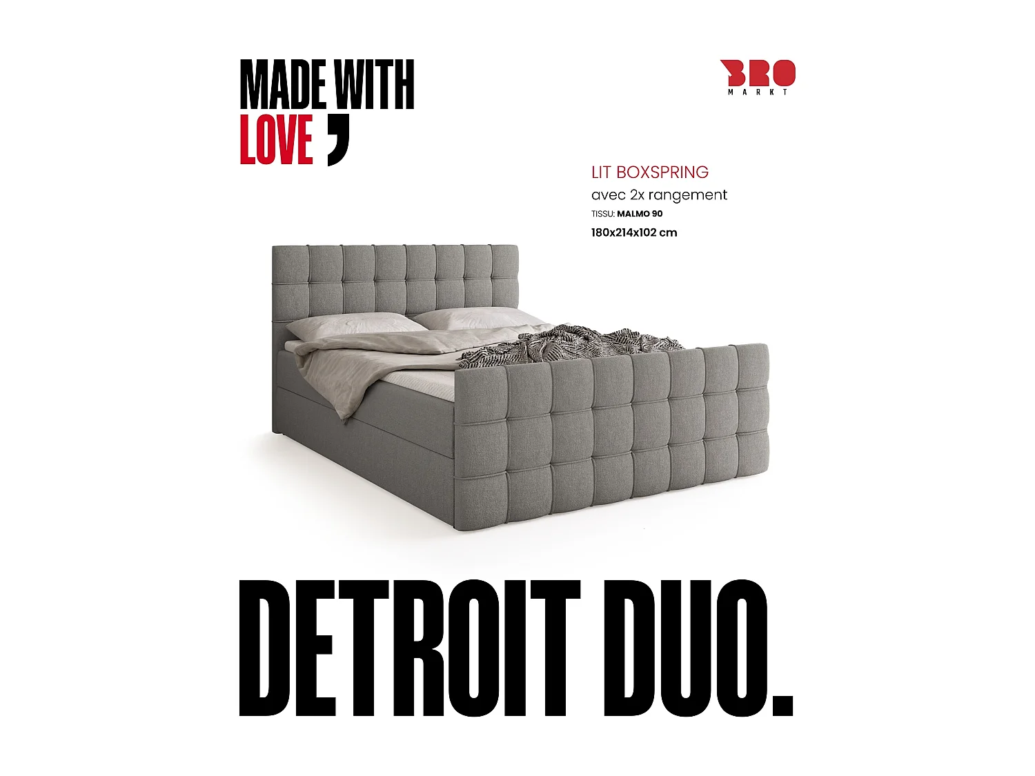 Boxspringbed met hoofdeinde, matras en dekmatras - DETROIT DUO - 180x200 - grijs