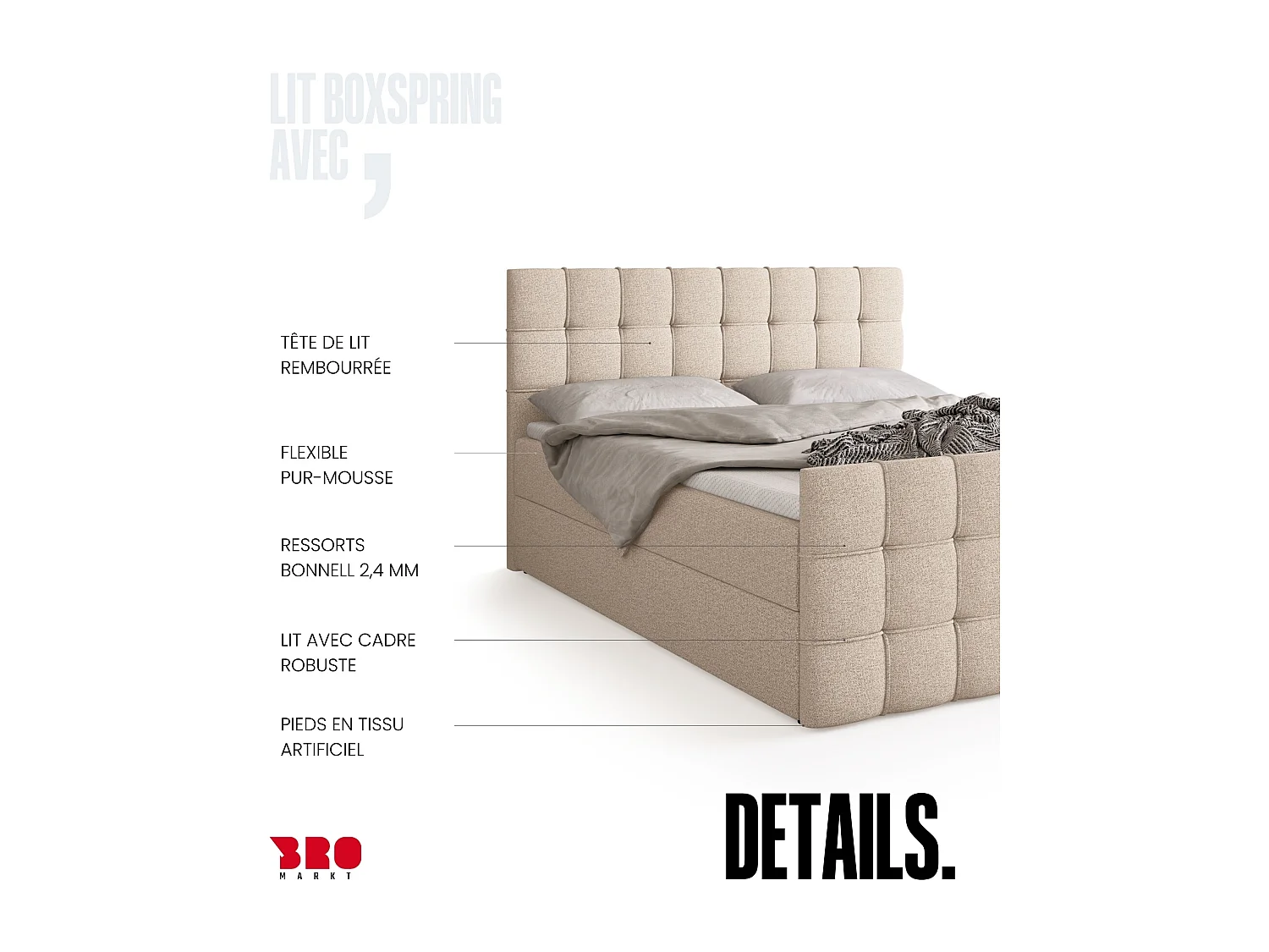 Lit boxspring avec rangement DETROIT DUO - matelas - surmatelas - crème - 180x200 cm