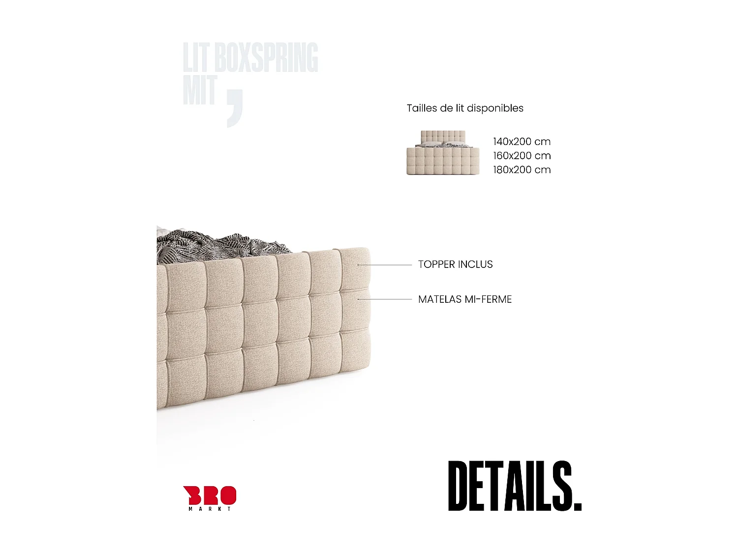 Lit boxspring avec rangement DETROIT DUO - matelas - surmatelas - crème - 180x200 cm