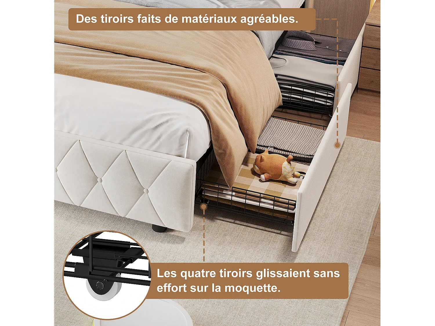 Lit 140x200 cm avec 4 tiroirs, éclairage LED, tables de chevet rangement, cloisons ouvertes, sommier à lattes, chargeurs USB & Type-C - Beige