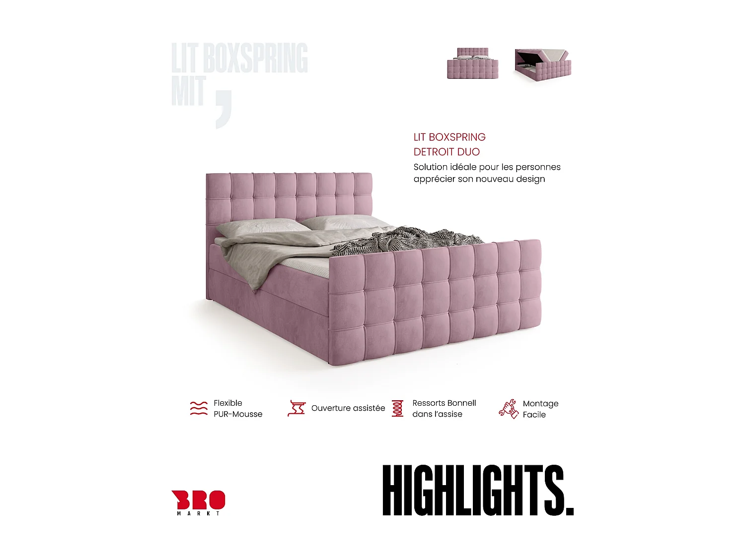 Lit boxspring avec rangement DETROIT DUO - matelas - surmatelas - rose poudré - 180x200 cm