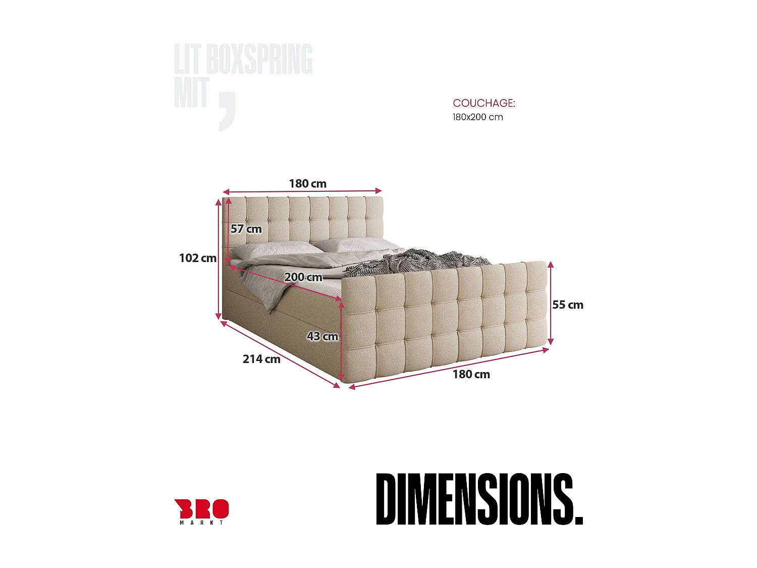 Lit boxspring avec rangement DETROIT DUO - matelas - surmatelas - rose poudré - 180x200 cm