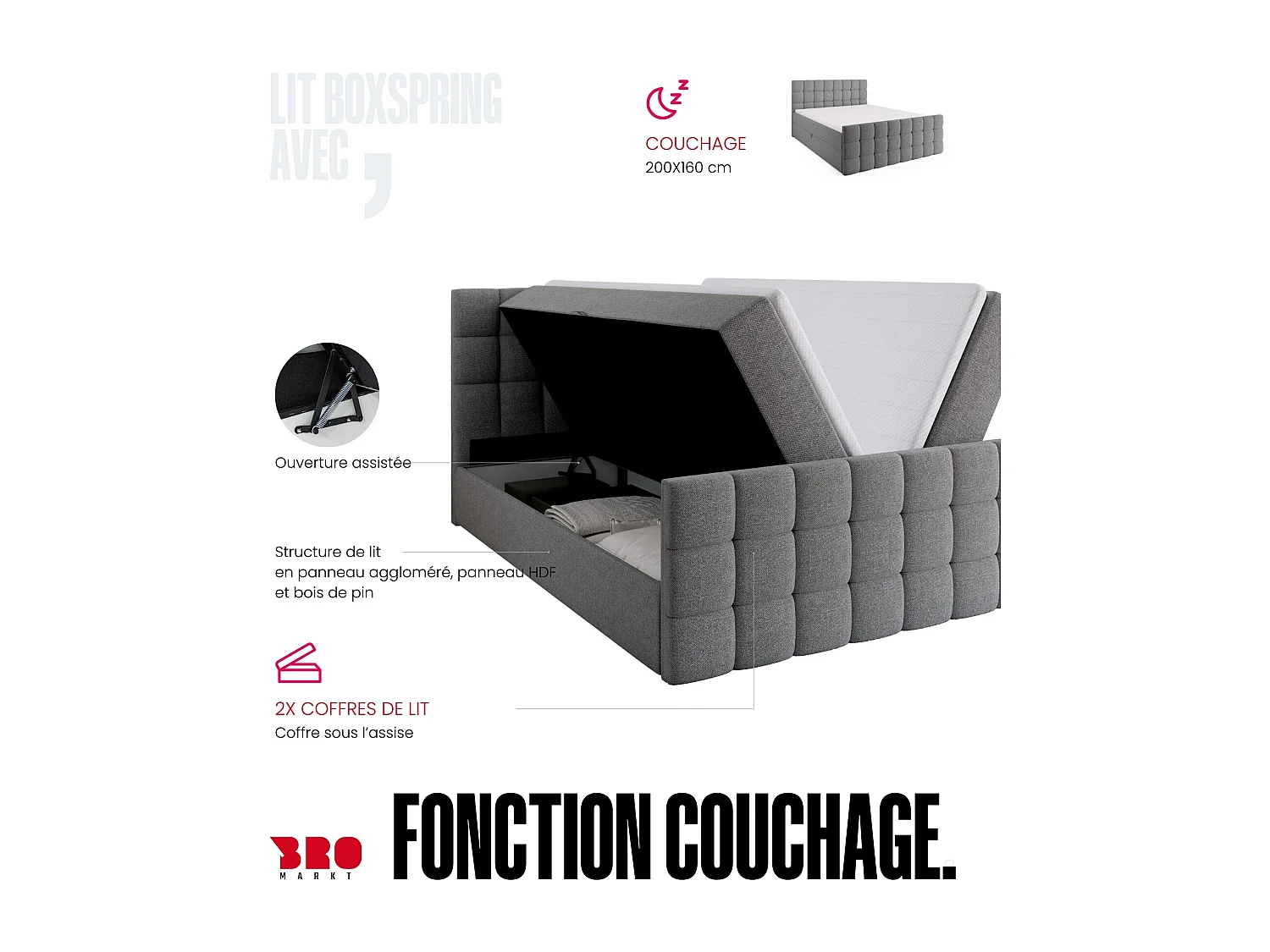 Lit boxspring avec rangement DAKOTA DUO - matelas - surmatelas - gris - 160x200 cm