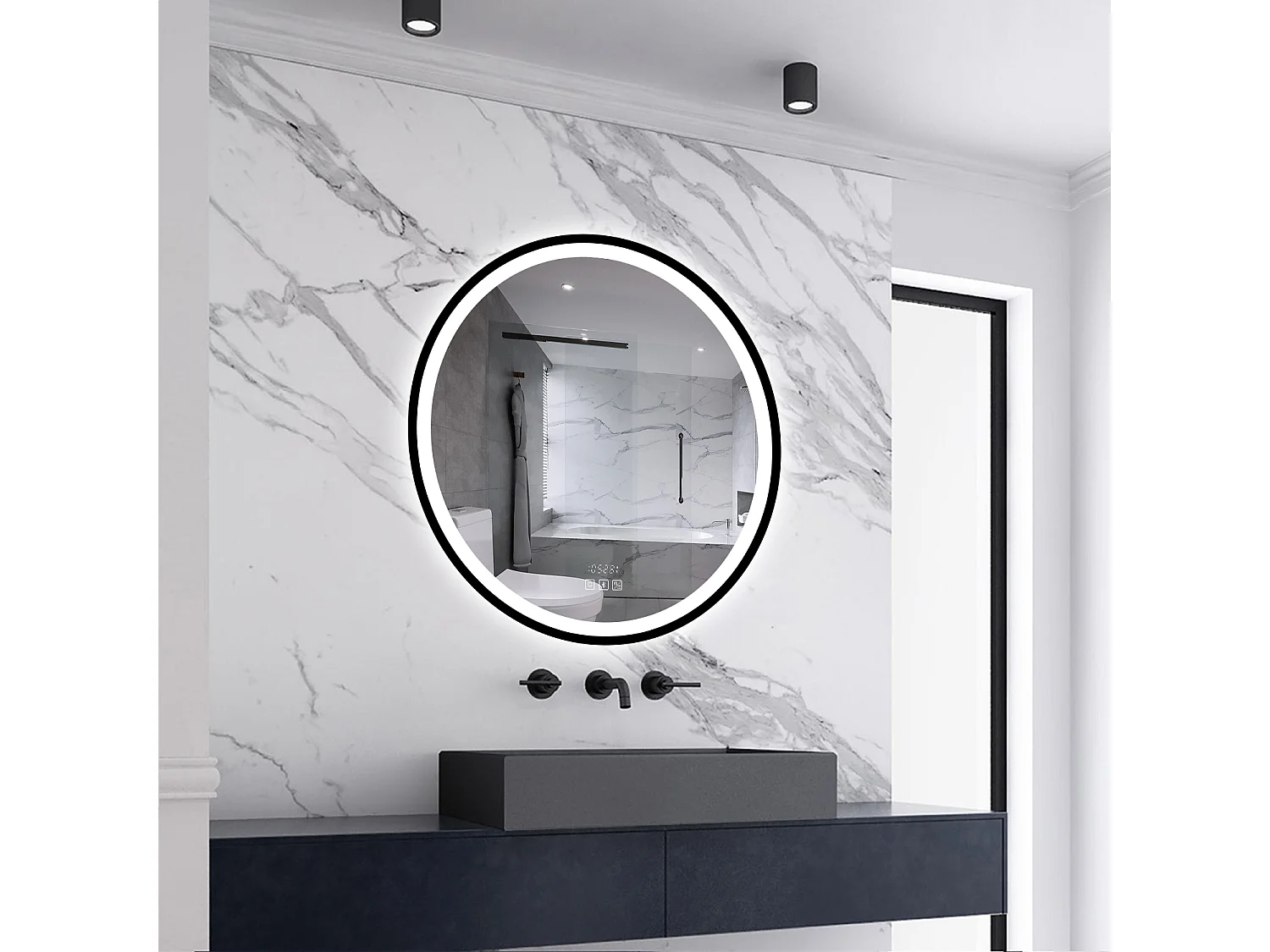 AICA LED Badspiegel Rund 70cm Beschlagfrei Bluetooth Uhr 3 Lichtfarbe Dimmbar - Schwarzem Rahmen