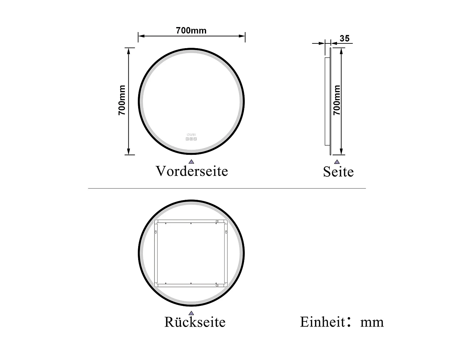 AICA LED Badspiegel Rund 70cm Beschlagfrei Bluetooth Uhr 3 Lichtfarbe Dimmbar - Schwarzem Rahmen