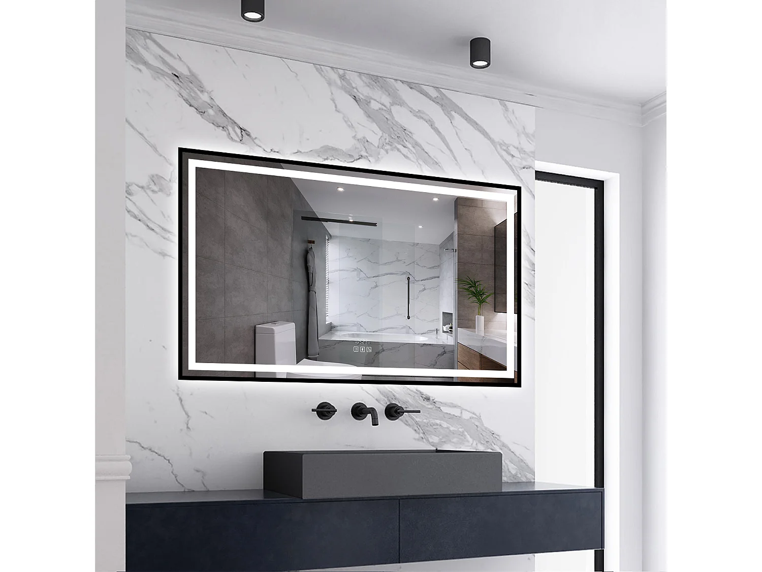 AICA LED Badspiegel Rechteck 140x80cm Beschlagfrei Bluetooth Uhr 3 Lichtfarbe Dimmbar - Schwarzem Rahmen